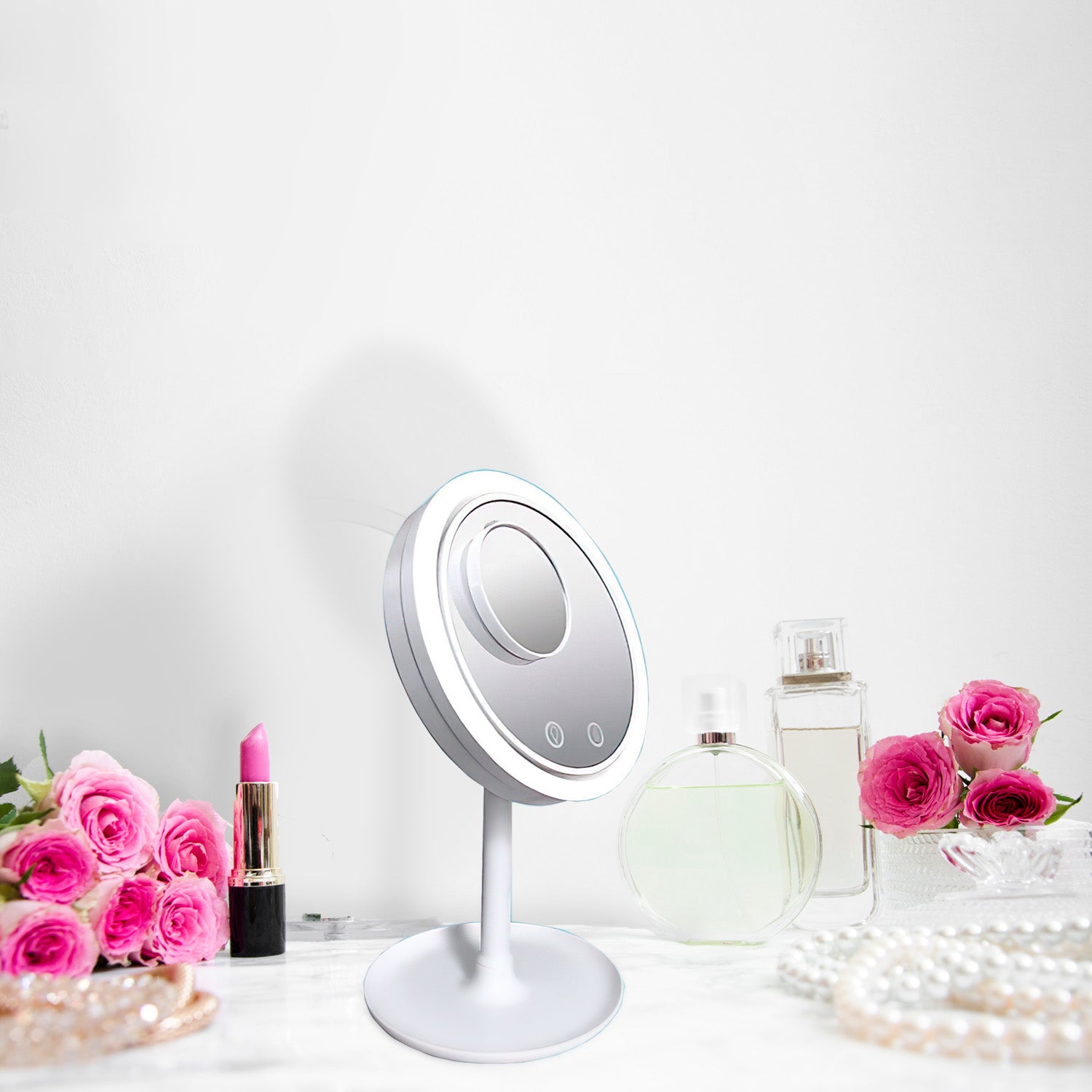 CoolAire 3-in-1 USB Rechargeable LED Makeup Mirror with Fan | Portable Round Vanity Mirror with Adjustable Lighting | Perfect for Home, Travel & Salon Use