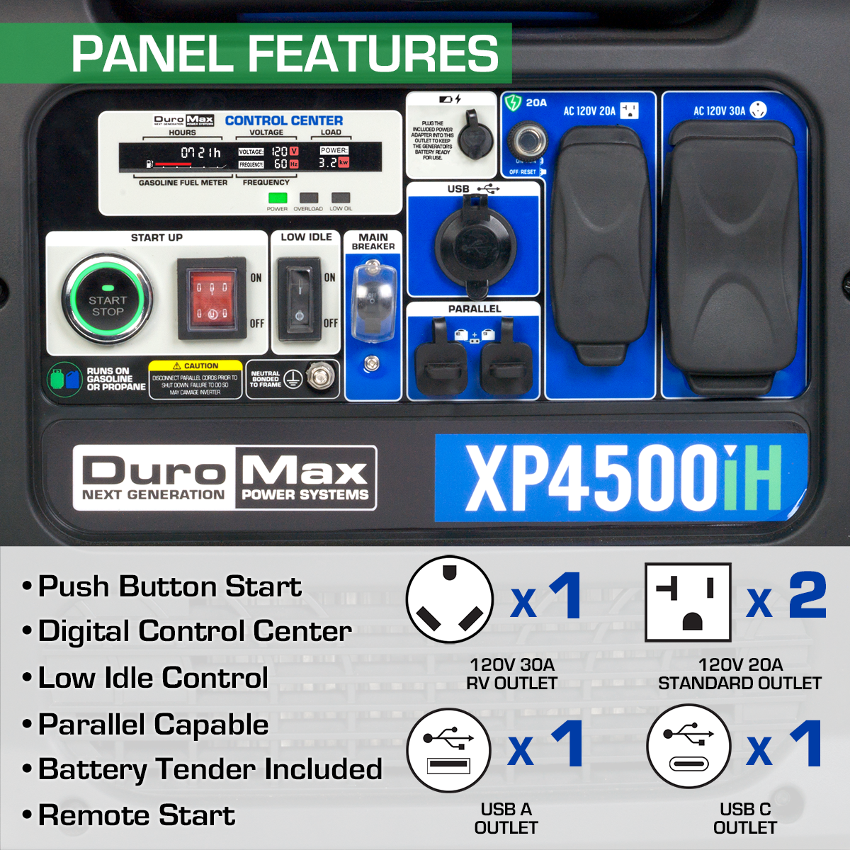 DuroMax XP4500IH 3600W/4500W Portable Inverter Generator with 223cc Engine, CO Alert, Dual Fuel & Remote Start - Perfect for Camping, RV Trips & Emergency Power Backup