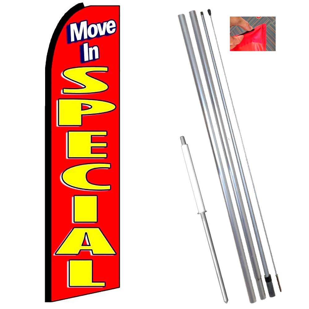 Vista Flags MOVE IN SPECIAL Red Flutter Feather Banner Flag Kit with Pole & Ground Mount - Perfect for Grand Openings, Car Dealerships, Real Estate Signs & Outdoor Events