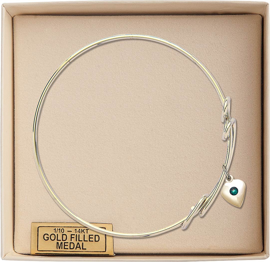 8 1/2 Inch Round Double Loop Bangle Bracelet with Heart Charm & May Green Crystal - Elegant Jewelry for Women, Perfect for Valentine's Day Gifts, Anniversary, Wedding, and Special Occasions