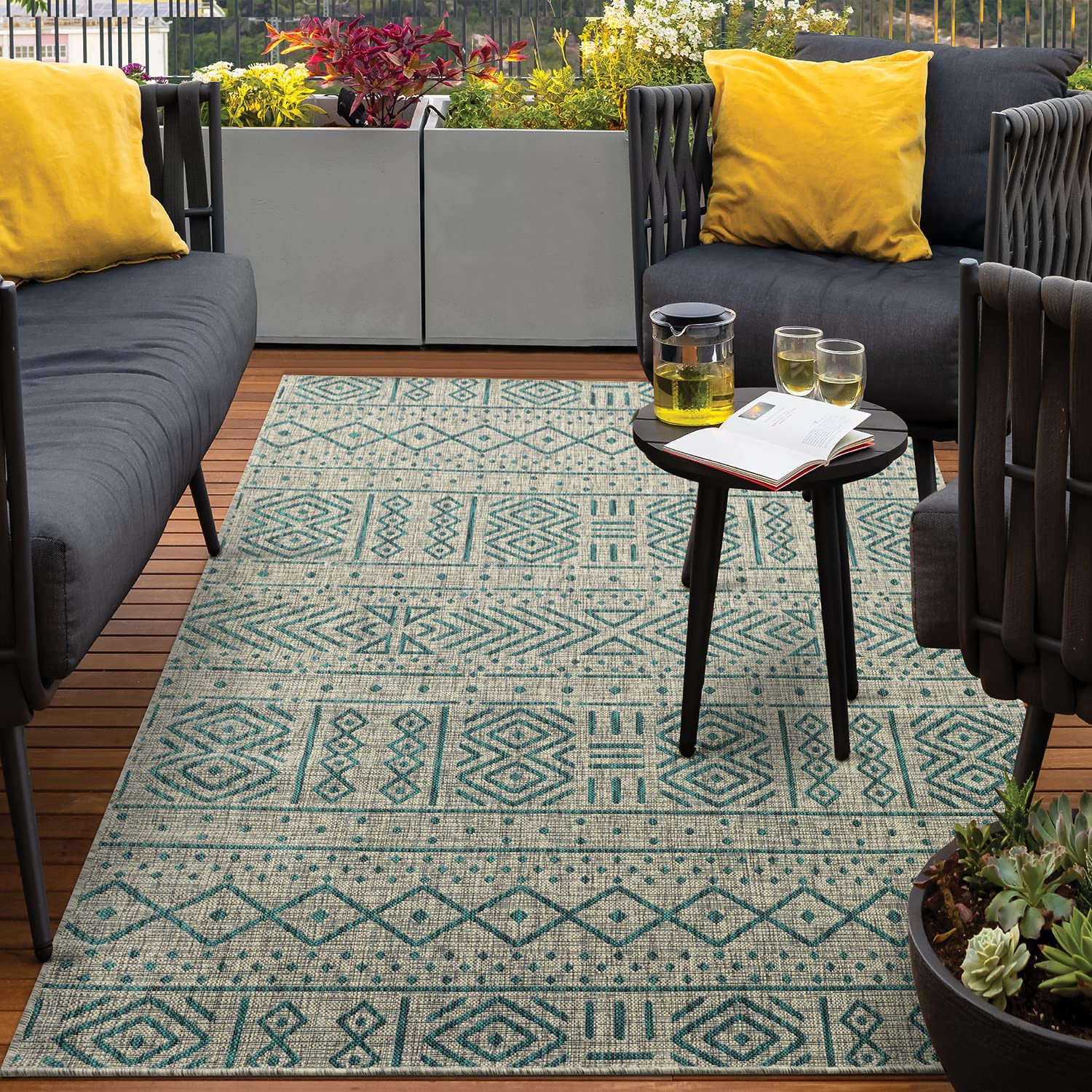 Antep Rugs 8x10 Bohemian Southwest Area Rug for Patio, Outdoor & Indoor Use - Green (7'10