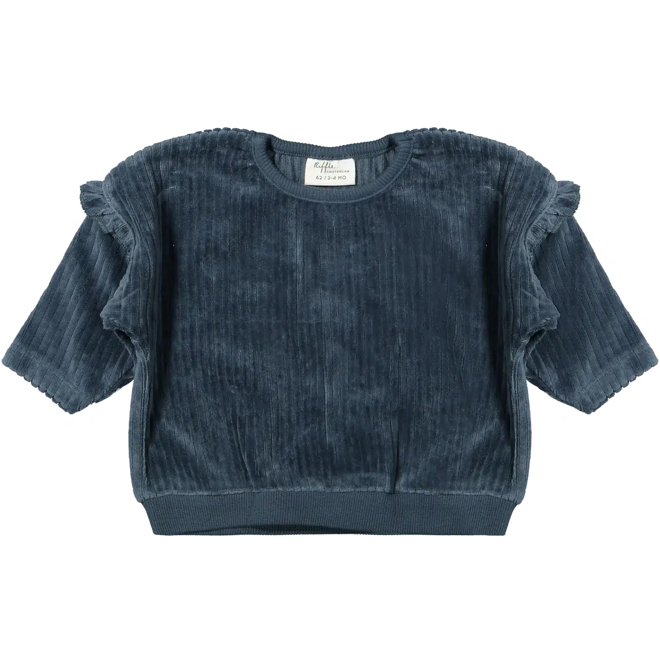 Riffle Amsterdam Organic Ruffle Shoulder Long Sleeve Corduroy Blue Blouse - Elegant Women's Fashion for Work, Date Night & Special Occasions