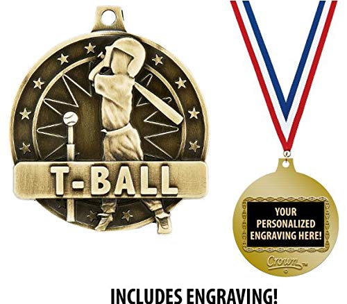 2 Inch Gold T-Ball Player Medal Award - Custom Engraved Baseball Trophy for Kids Sports Achievements - Perfect for T-Ball Tournaments, Youth Baseball Awards & End of Season Celebrations