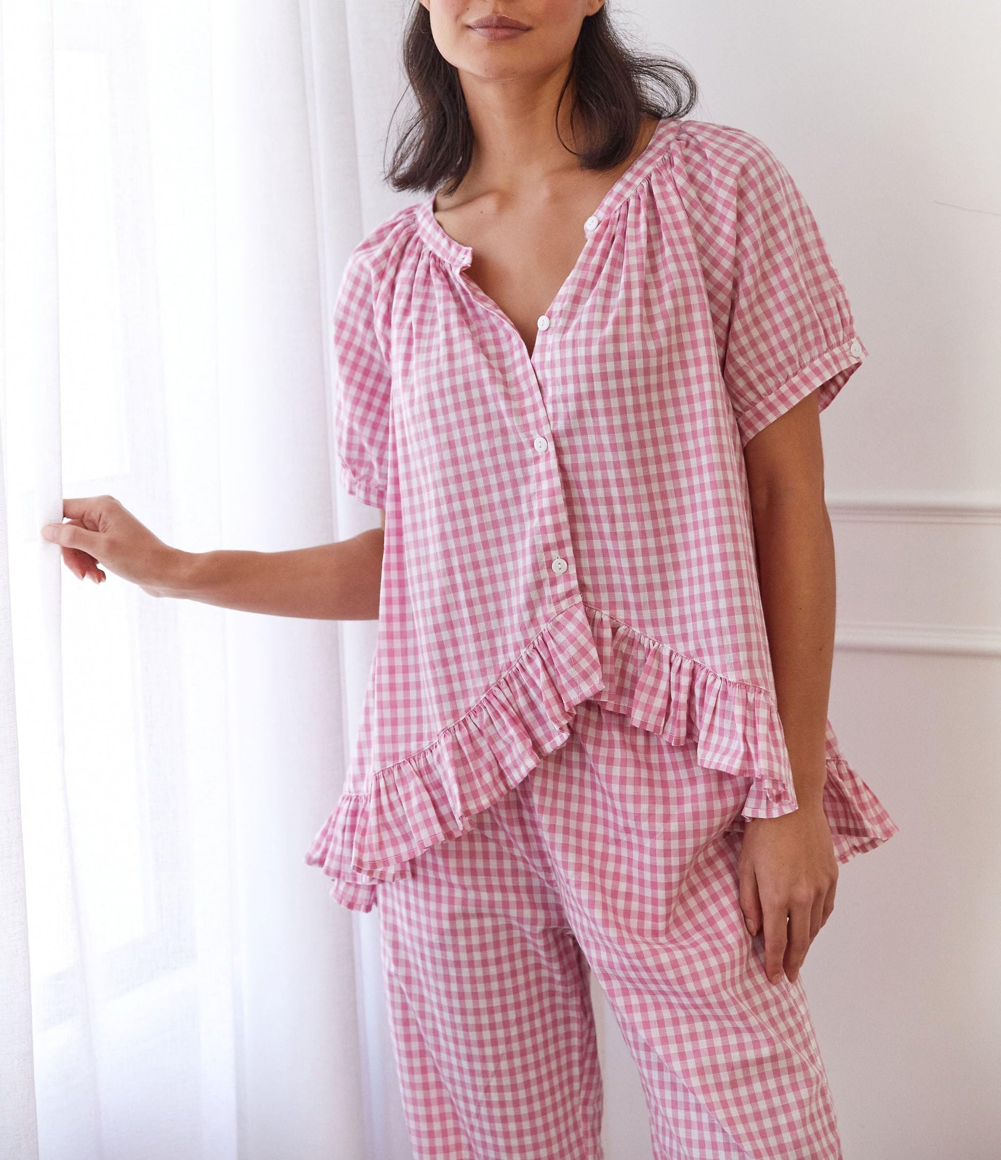 KMBANGI Women's Y2K Plaid Pajama Set - Ruffle Hem Gingham Short Sleeve Shirt & High Waist Bell Bottom Pants Lounge Outfit for Sleepwear, Loungewear and Vintage Fashion Style