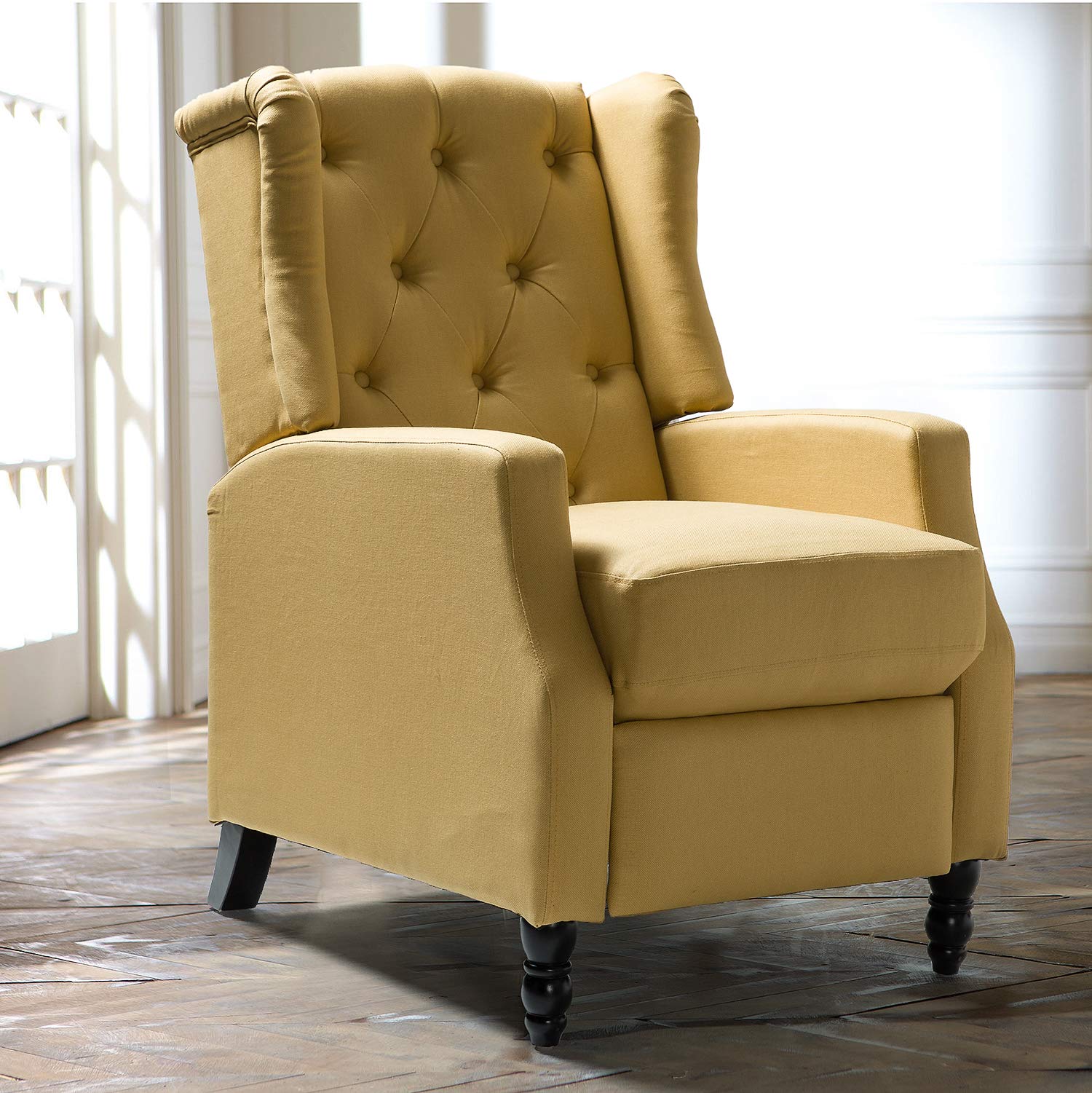 Mid Century Modern Upholstered Wingback Recliner Chair - Traditional Push Back Lounge Armchair for Living Room, Home Theater & Office - Comfortable Accent Furniture in Yellow (Perfect for Relaxing, Movie Nights & Reading)