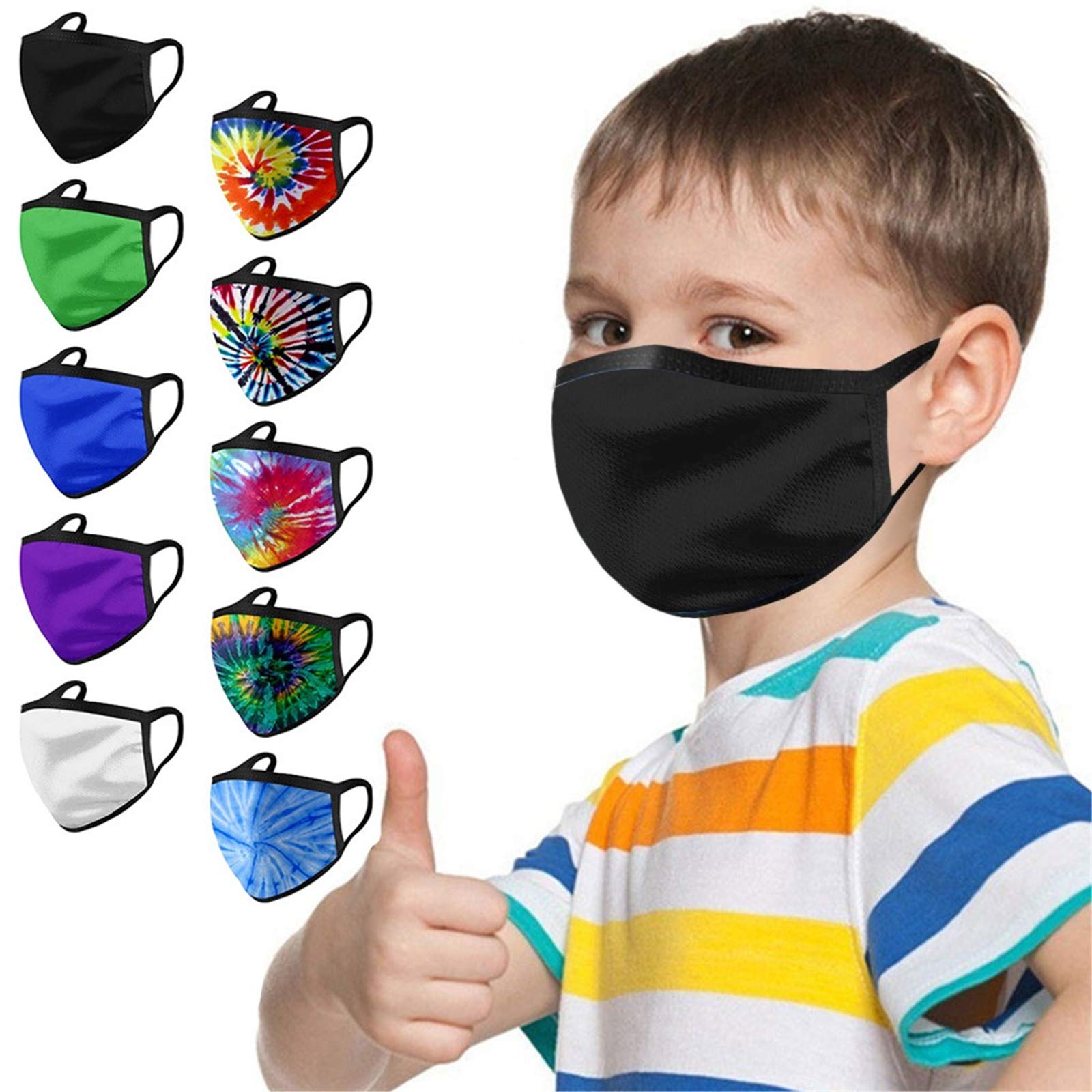 Gerichy 10-Pack Kids Reusable Face Bandanas - Washable Seamless Cotton Cloth with Solid Color & Tie-Dye Prints - Breathable Face Masks for Boys & Girls - Perfect for School, Outdoor Activities & Travel Protection