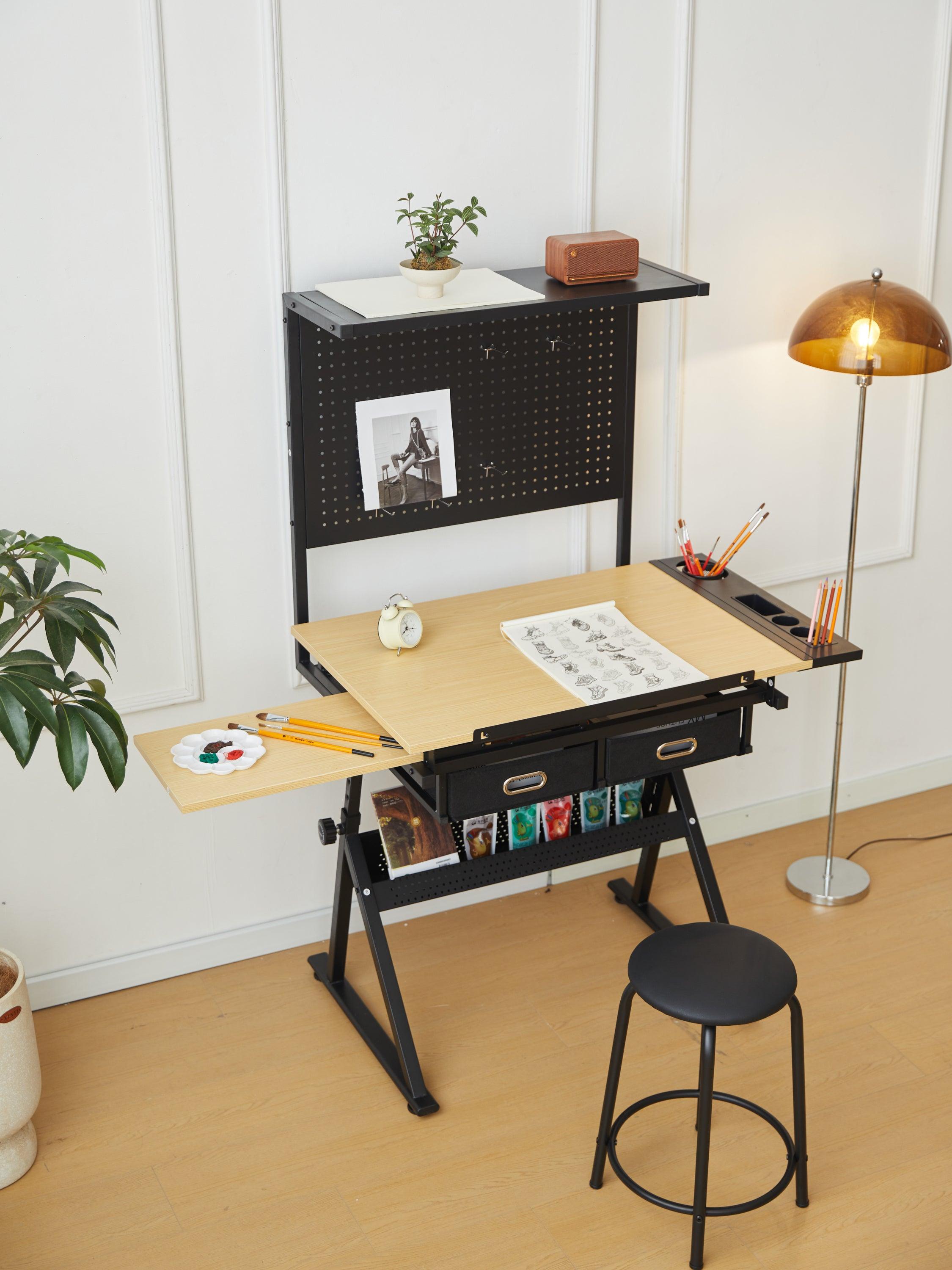 Adjustable Drafting Table with Metal Perforated Board Panel - Perfect for Architects, Artists & Designers - Home Office & Studio Workspace Solution