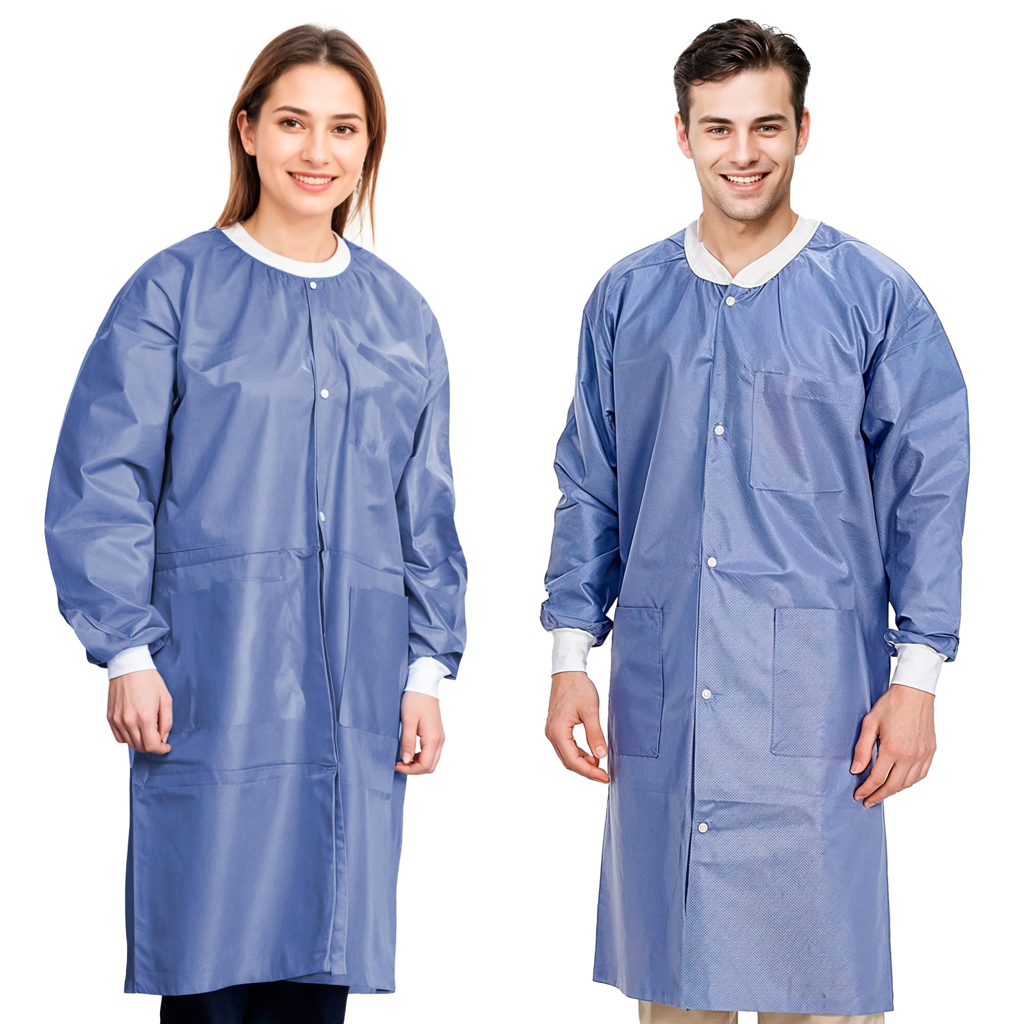 AMZ Disposable Lab Coats for Adults - Medium Size, Pack of 50 - Blueberry SMS Knee-Length Medical Lab Coats (45 GSM) with Cuffs, Knit Collar & 3 Pockets - Ideal for Medical, Dental, Painting & Laboratory Use