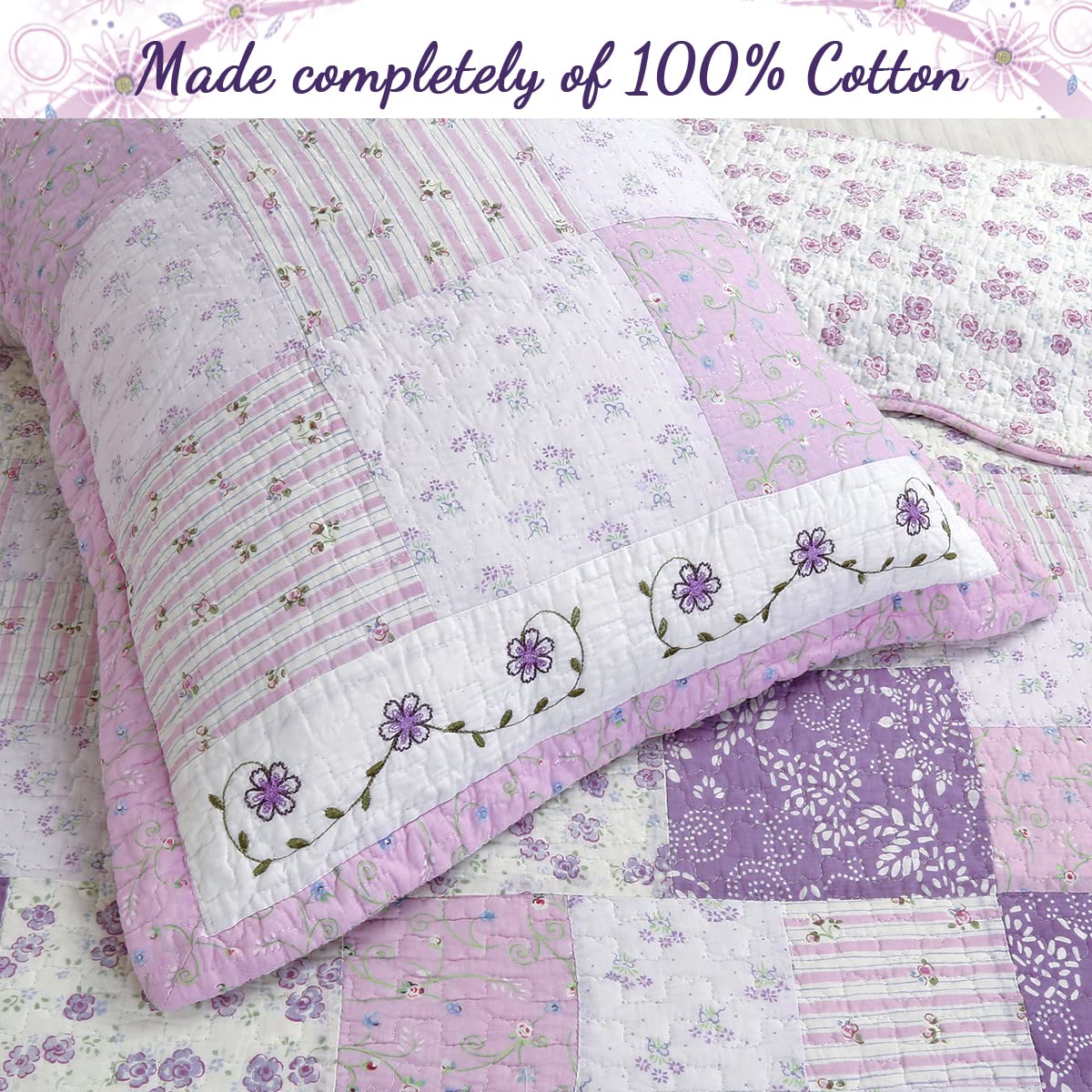 Light Purple Floral 100% Cotton Reversible Patchwork Quilt Set - Queen Size 3-Piece Bedding | Cozy Line Home Fashions | Perfect for Master Bedrooms, Guest Rooms & Cozy Farmhouse Decor