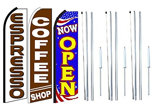 Premium Espresso Coffee Shop Feather Flag Sign Kit - Complete Hybrid Pole Set (Pack of 3) - Perfect for Grand Openings, Outdoor Advertising & Business Promotion
