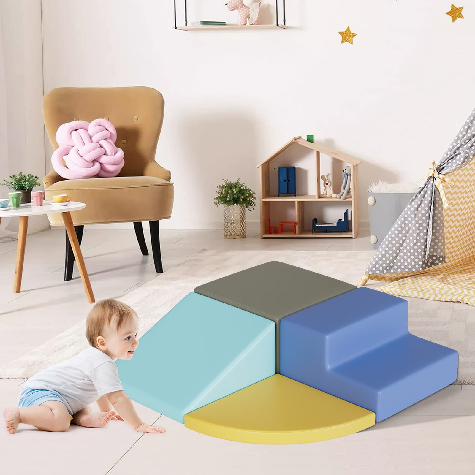 MOOLINCO Soft Foam Nugget Couch for Kids - 4-Piece Toddler Climbing Toys Set, Indoor Play Equipment with Crawl & Climb Features - Perfect for Playrooms, Daycares and Home Learning Spaces (Brown)