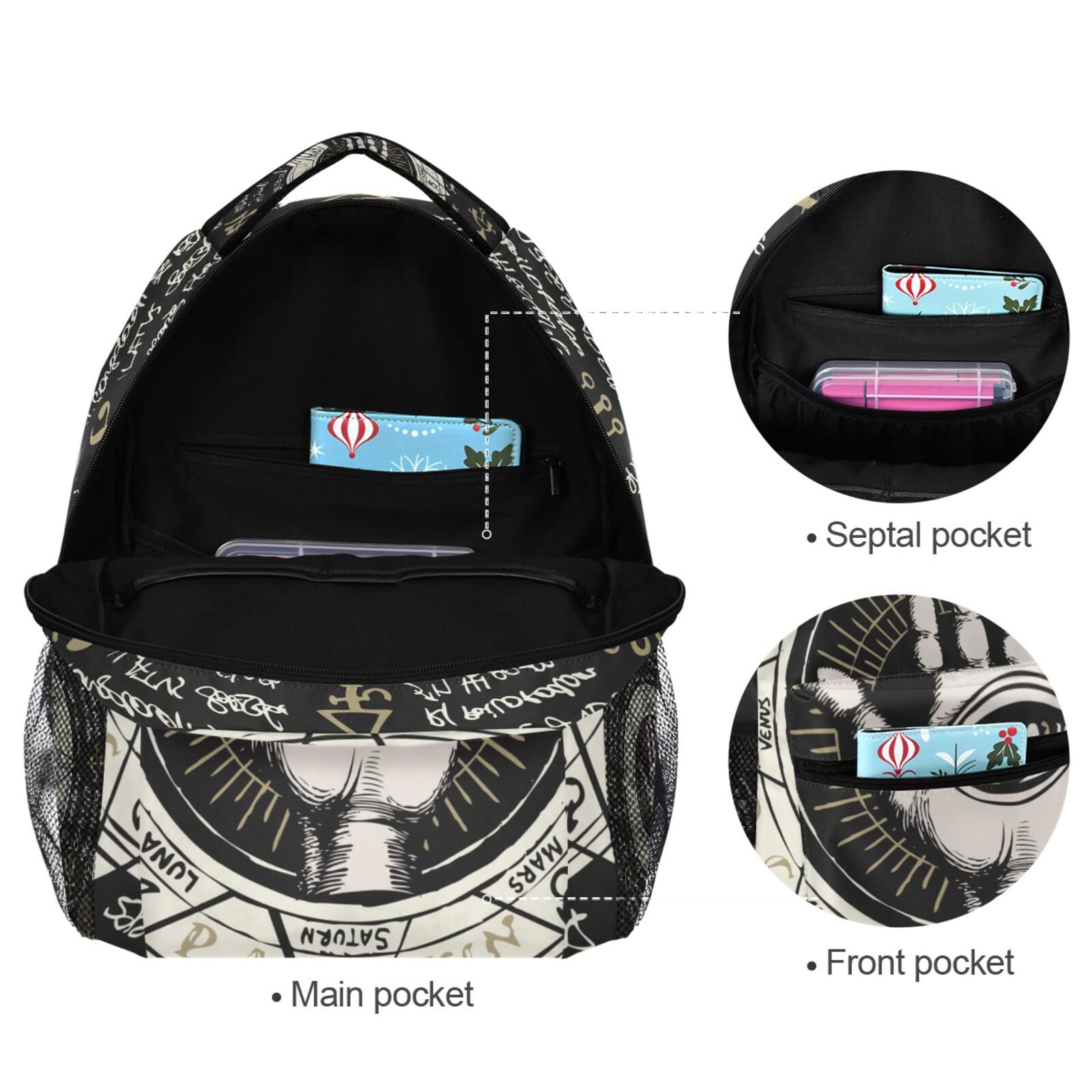 ALAZA Backpack with All-Seeing Eye, Planets & Ancient Symbols - Gothic Medieval Runes Spiritual Design Bookbag for Junior High School, Laptop Daypack & Outdoor Travel - Perfect for School, College, Hiking & Spiritual Journeys