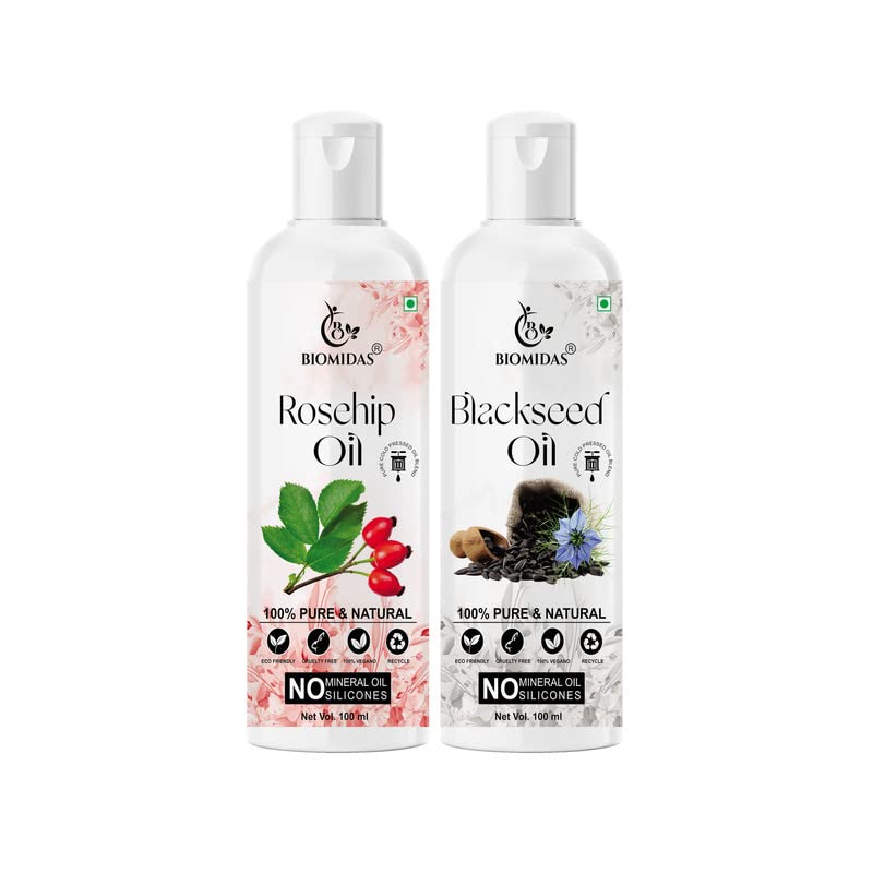 Biomidas 100% Pure Rosehip Oil & Black Seed Oil Combo (100ml Each) - For Hair Growth, Anti Hair Fall, Split Ends Repair & Shiny Hair - Natural Hair Care Treatment for Dry, Damaged Hair - Perfect for Daily Hair Routine & Scalp Massage