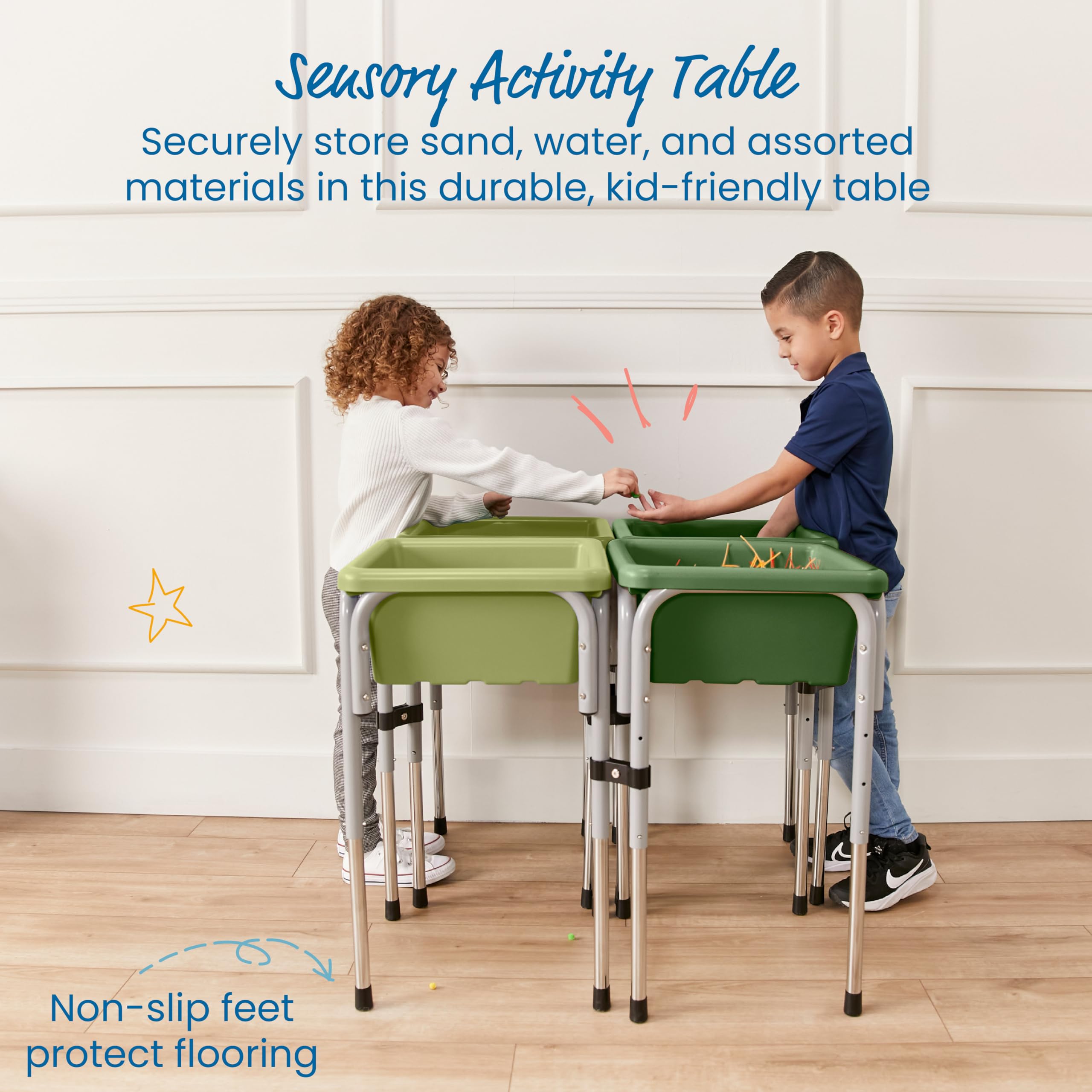 ECR4Kids 4-Station Adjustable Sand and Water Play Table with Sensory Bins - Fern Green & Hunter Green - Outdoor & Indoor Toddler Activity Table for Sensory Play, Preschool Learning, and Backyard Fun