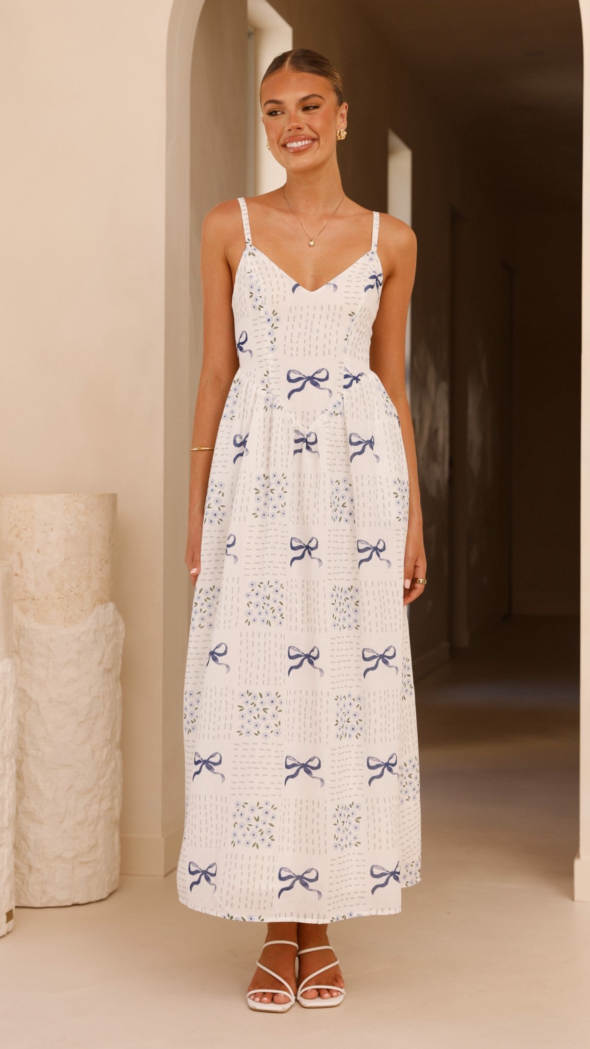 Georgina Maxi Dress - Sweet Bow Blue Floral Print Long Summer Dress for Women | Beach Wedding, Vacation, Party Wear