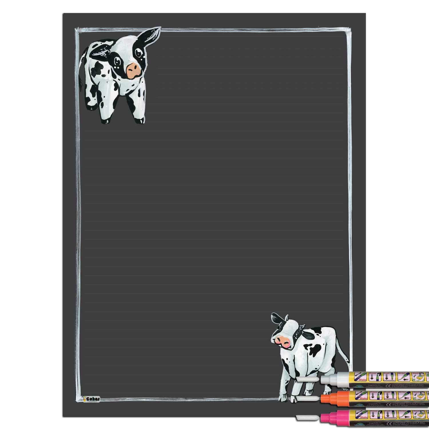 Farm Theme Magnetic Chalkboard with Cow Art - 12x16 Inch Lined Chalkboard with 3 Bright Liquid Chalk Markers - Perfect for Kitchen, Office & Kids' Room Decor