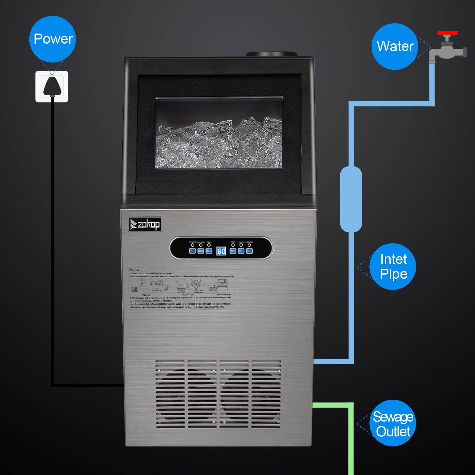 Winado 110LBS/24H Commercial Ice Maker Machine - Stainless Steel Freestanding Ice Maker with 24LBS Storage Bin & Auto Clean Function - Perfect for Home Kitchen, Restaurant, Bar, Hotel, Coffee Shop, and Store Use