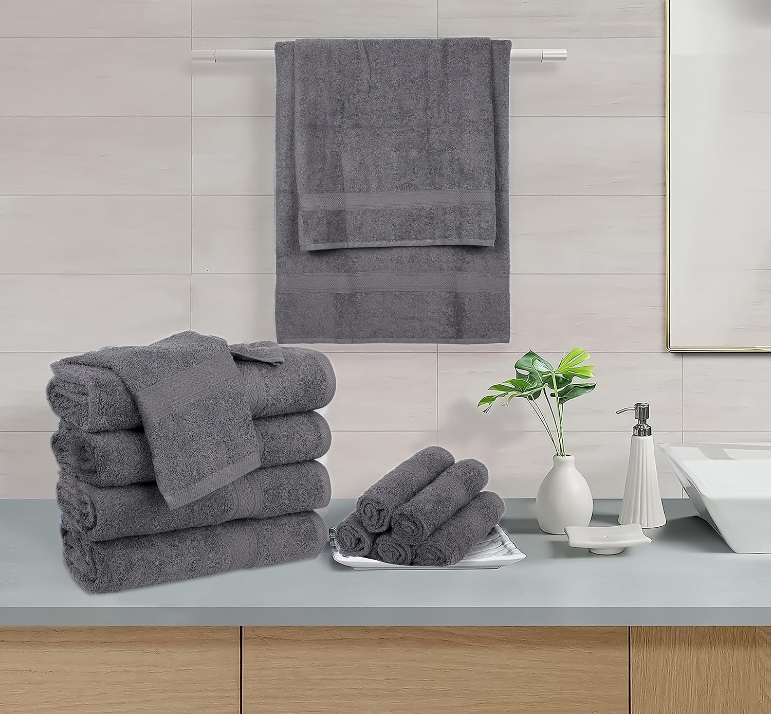 Premium 12-Piece 600 GSM Cotton Bath Towel Set - Ultra Soft & Absorbent Hotel & Spa Towels (2 Bath, 4 Hand, 6 Washcloths) - 100% Cotton Luxury Bathroom Towels for Home, Gym & Spa - Grey