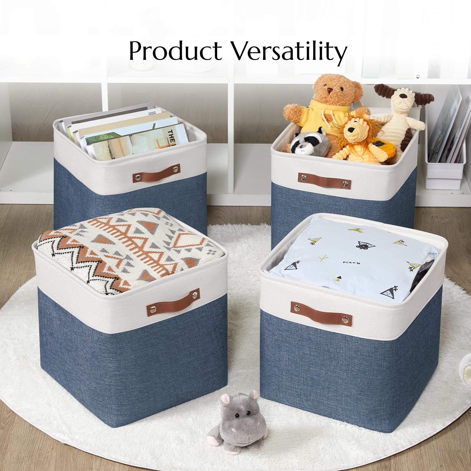 Collapsible Storage Baskets for Clothes, Toys & Home Organization - Foldable Fabric Bins for Shelves, Closet, Nursery & Office Use (Blue & White) - Perfect for Space Saving & Decluttering