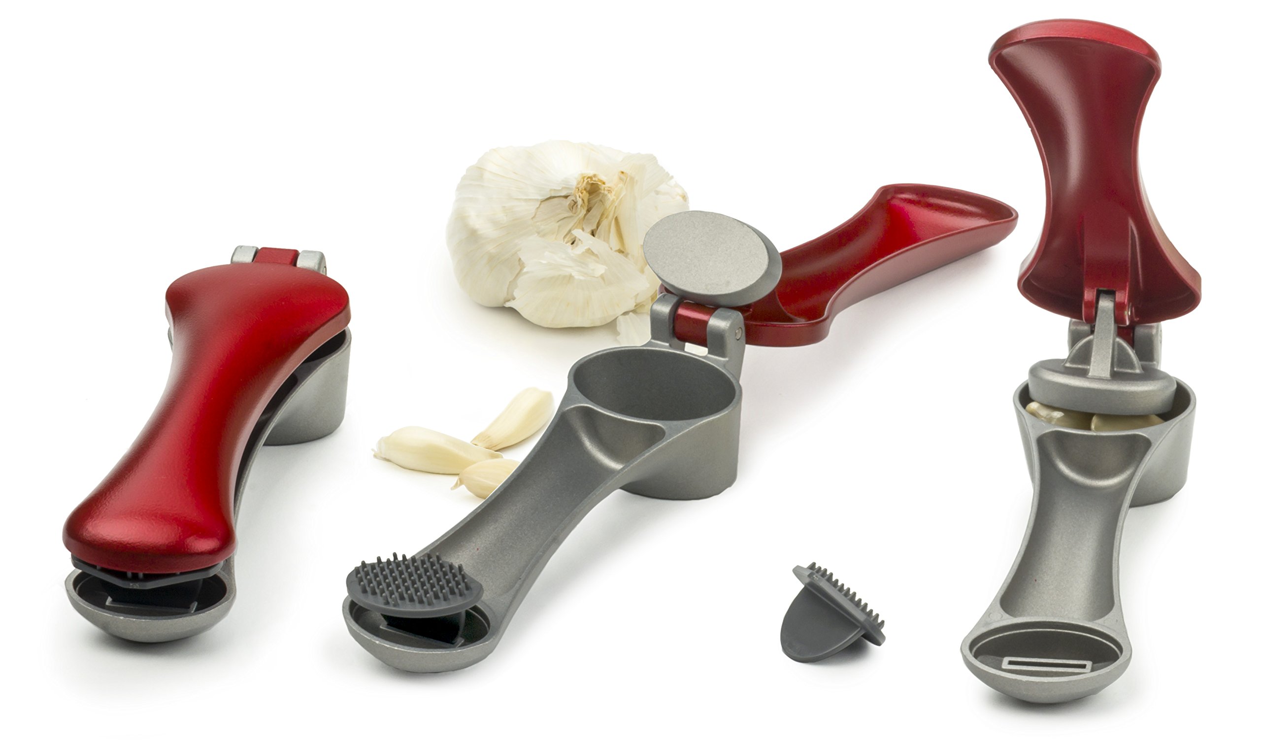 Premium RSVP Stainless Steel Garlic Press - Heavy Duty Red Garlic Crusher & Mincer for Effortless Cooking - Perfect for Kitchens, Restaurants, and Home Chefs