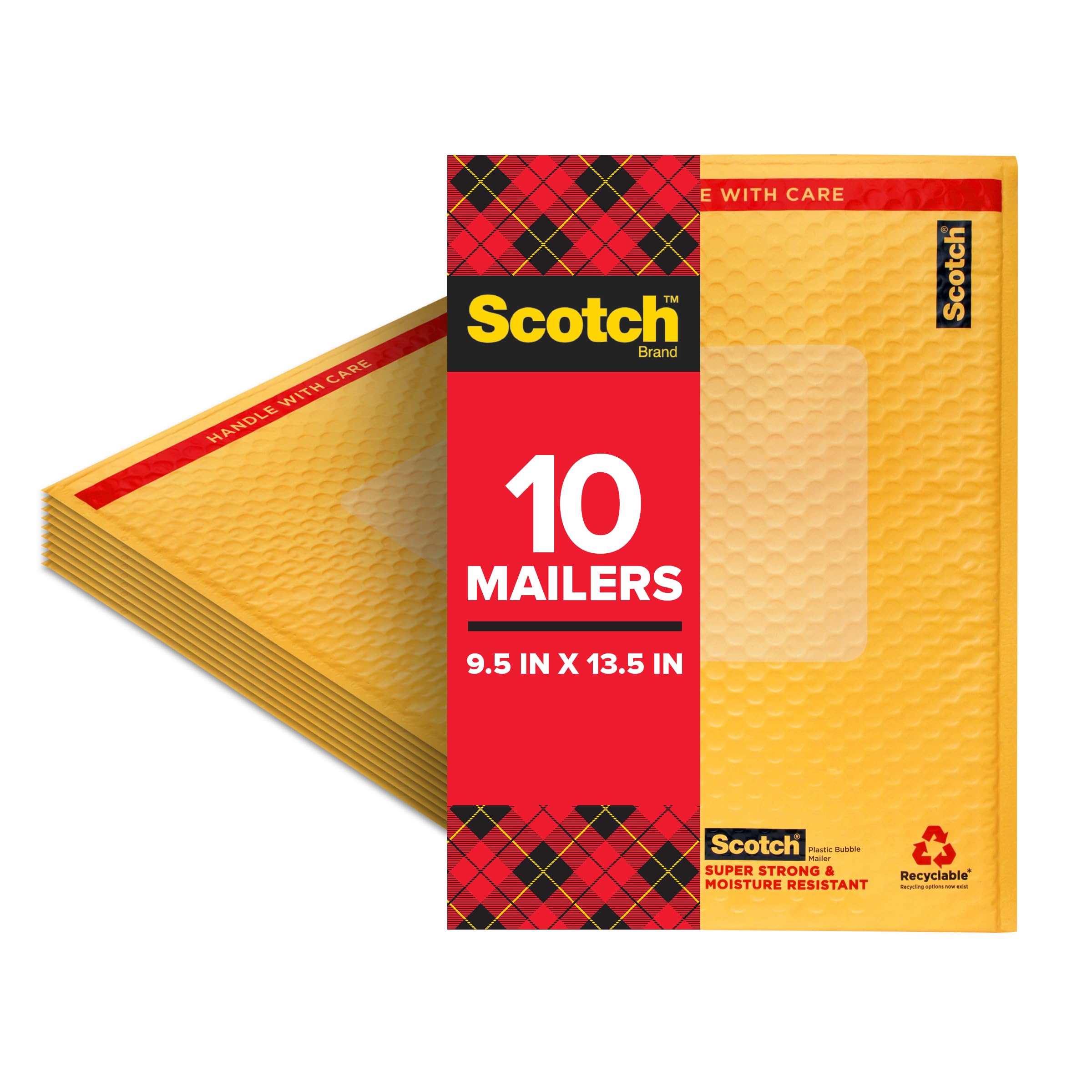 Scotch Plastic Bubble Mailer 9.5 x 13.5 Inches - Yellow Padded Envelopes for Shipping (Pack of 10) - Perfect for Ecommerce, Small Business & Online Sellers