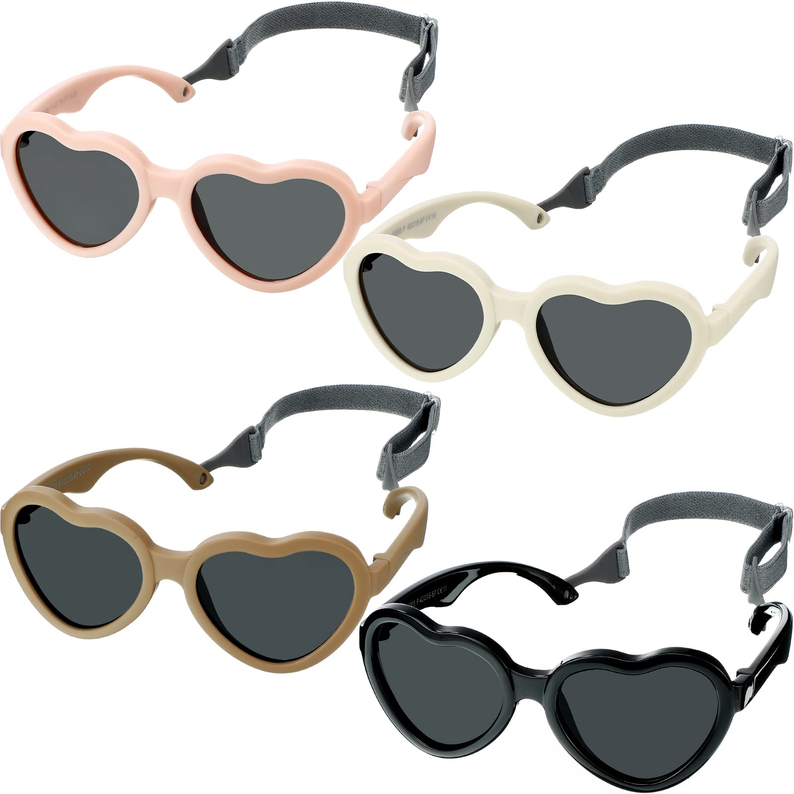 4 Pcs UV400 Protection Silicone Baby Sunglasses with Adjustable Strap - Heart Shaped Infant Sunglasses for Newborn Girls - Perfect for Beach, Outdoor Play & Summer Activities