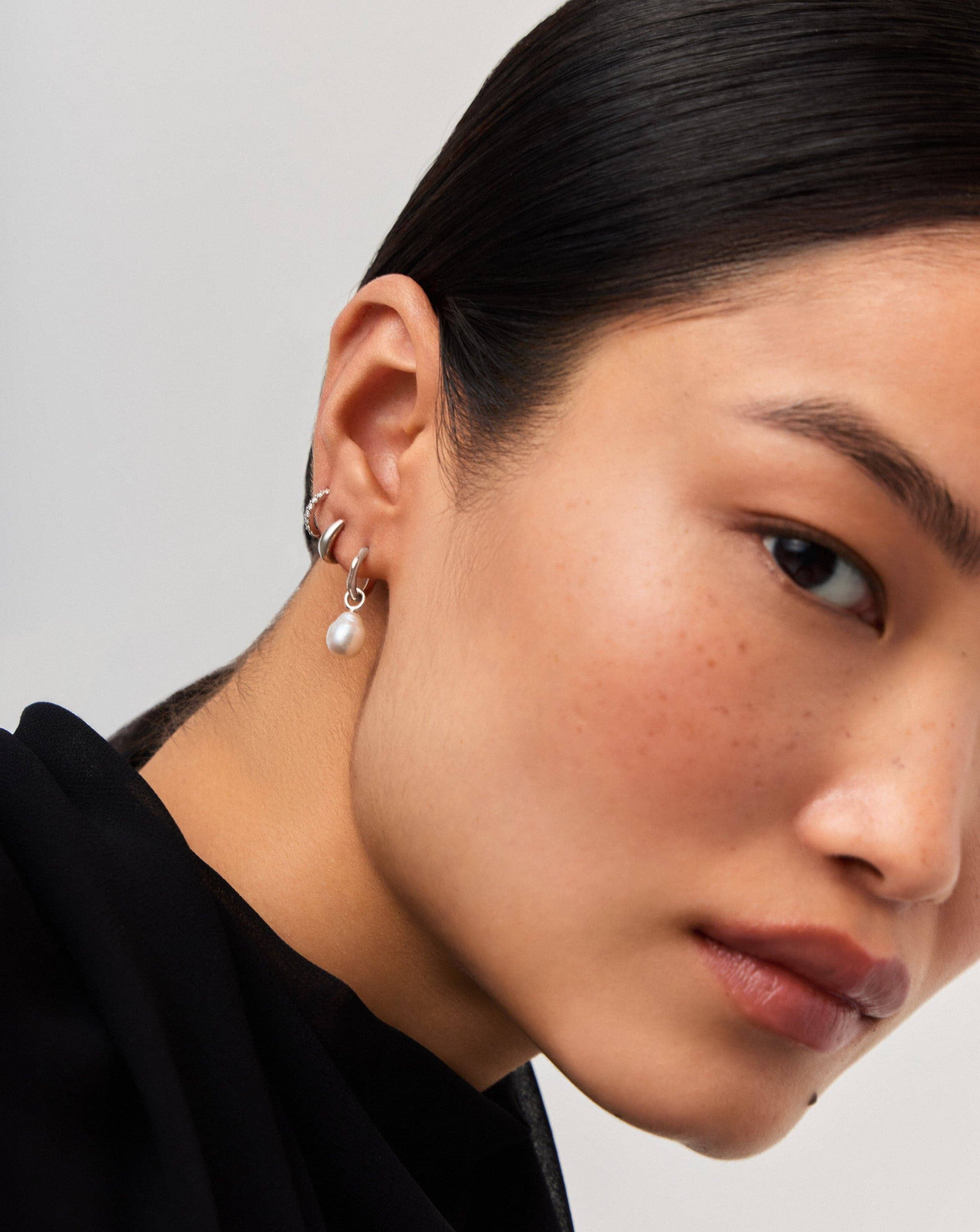 14K Solid White Gold Baroque Pearl Hoop Earrings | Organic Pearls for Women | Elegant Jewelry for Weddings, Parties & Special Occasions