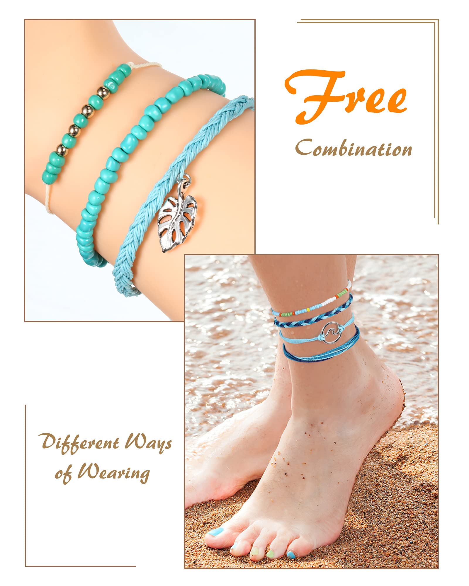 Hicarer 21-Piece Surfer Wave Bracelet Set - Adjustable Waterproof Handmade Ocean Wave Friendship Bracelet & Anklet Jewelry for Women - Perfect for Beach Parties, Summer Festivals & Gifts