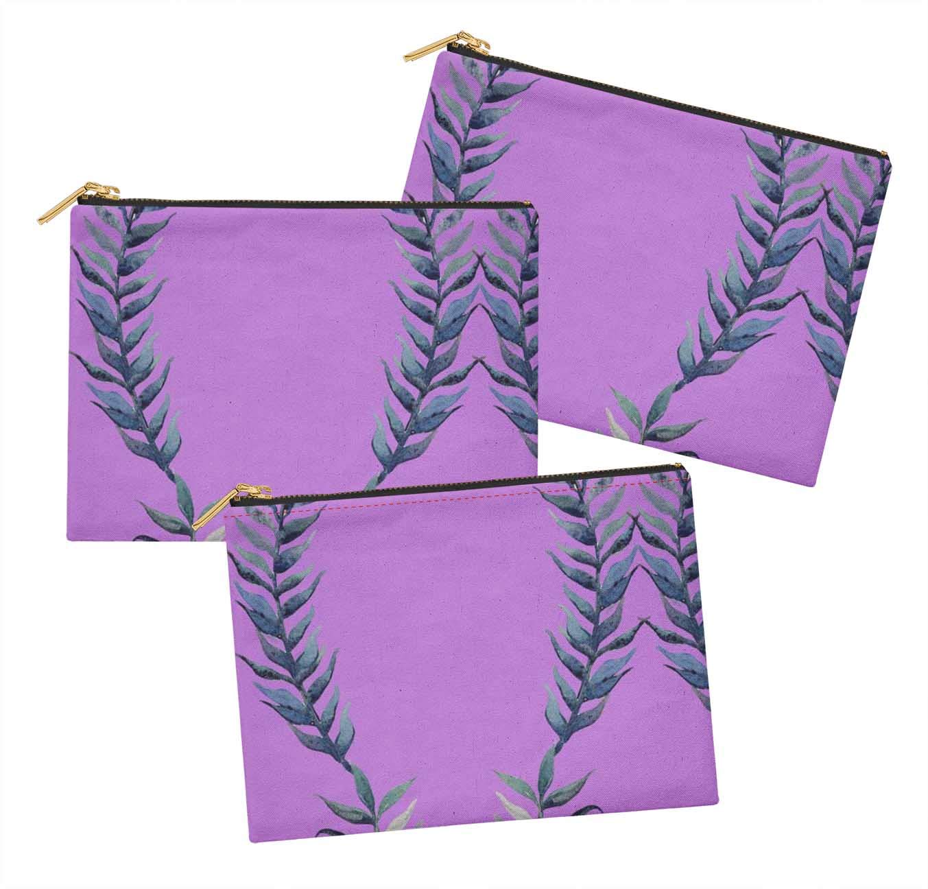3-Pack Sassy Purple Laurel Leaves Printed Cosmetic Bags - 6x8 Inch Makeup Pouch & Toiletry Organizer for Travel, Gym & Daily Essentials Storage
