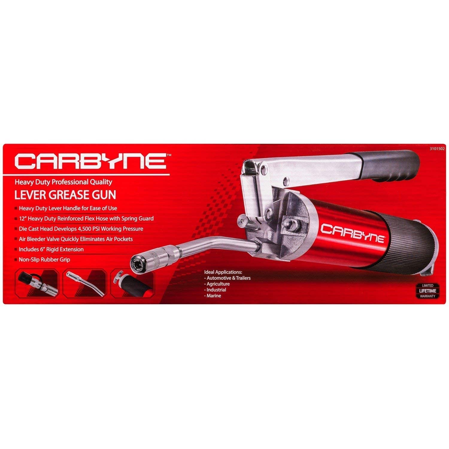Carbyne Lever Handle Grease Gun with 12-Piece Accessory Kit - Heavy Duty Lubrication Tool for Automotive, Industrial & Farm Equipment Maintenance