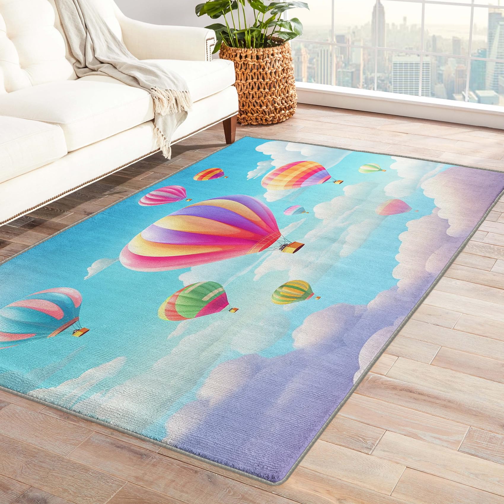 5x8 Hot Air Balloon Nursery Rug for Kids - Colorful Cute Cartoon Carpet for Girls Bedroom & Playroom - Soft Kawaii Area Rug for Toddler Room Decor