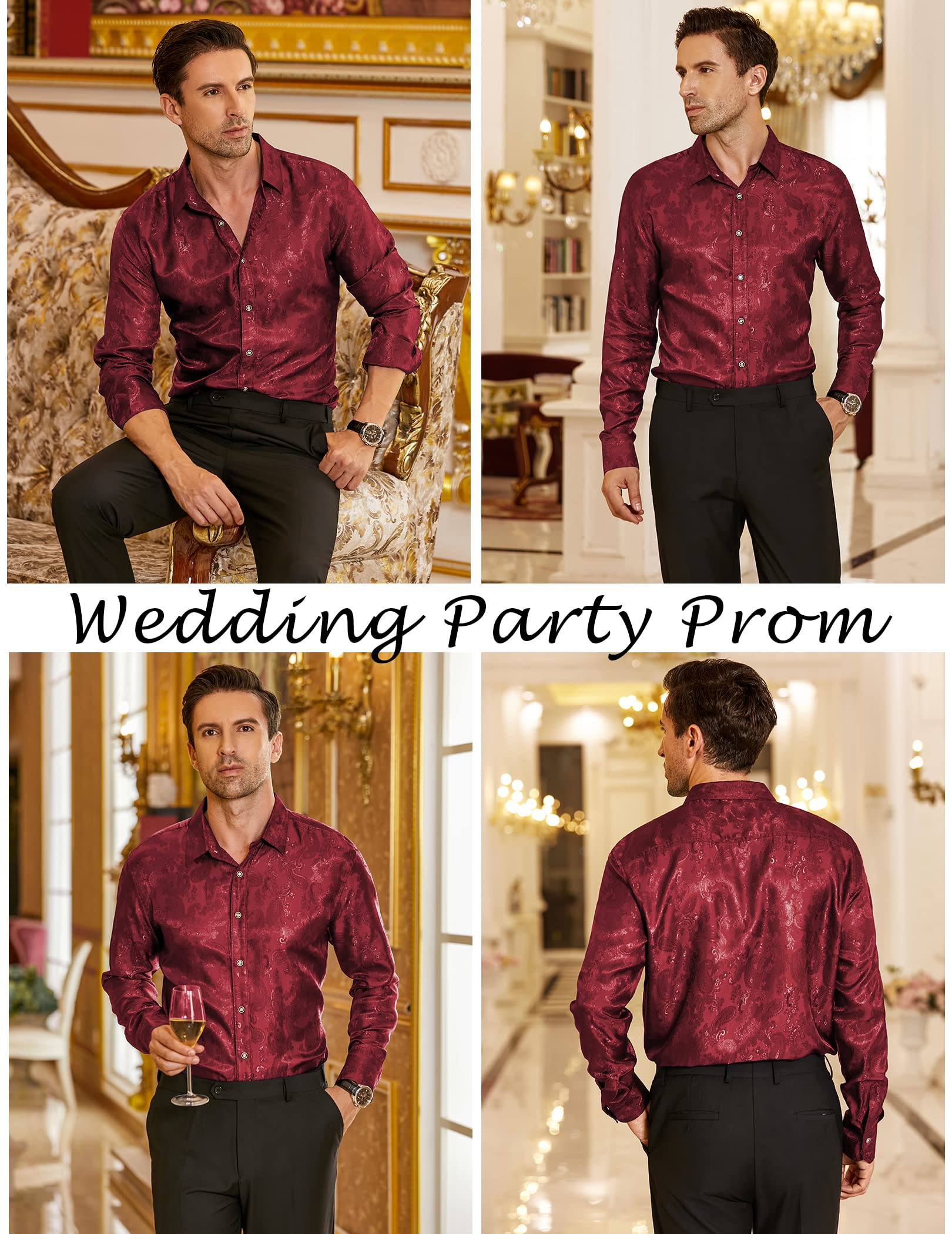 COOFANDY Men's Silk Satin Dress Shirt - Long Sleeve Floral Printed Button Down Shirt for Wedding, Party & Prom | Formal Occasions, Business Meetings & Special Events