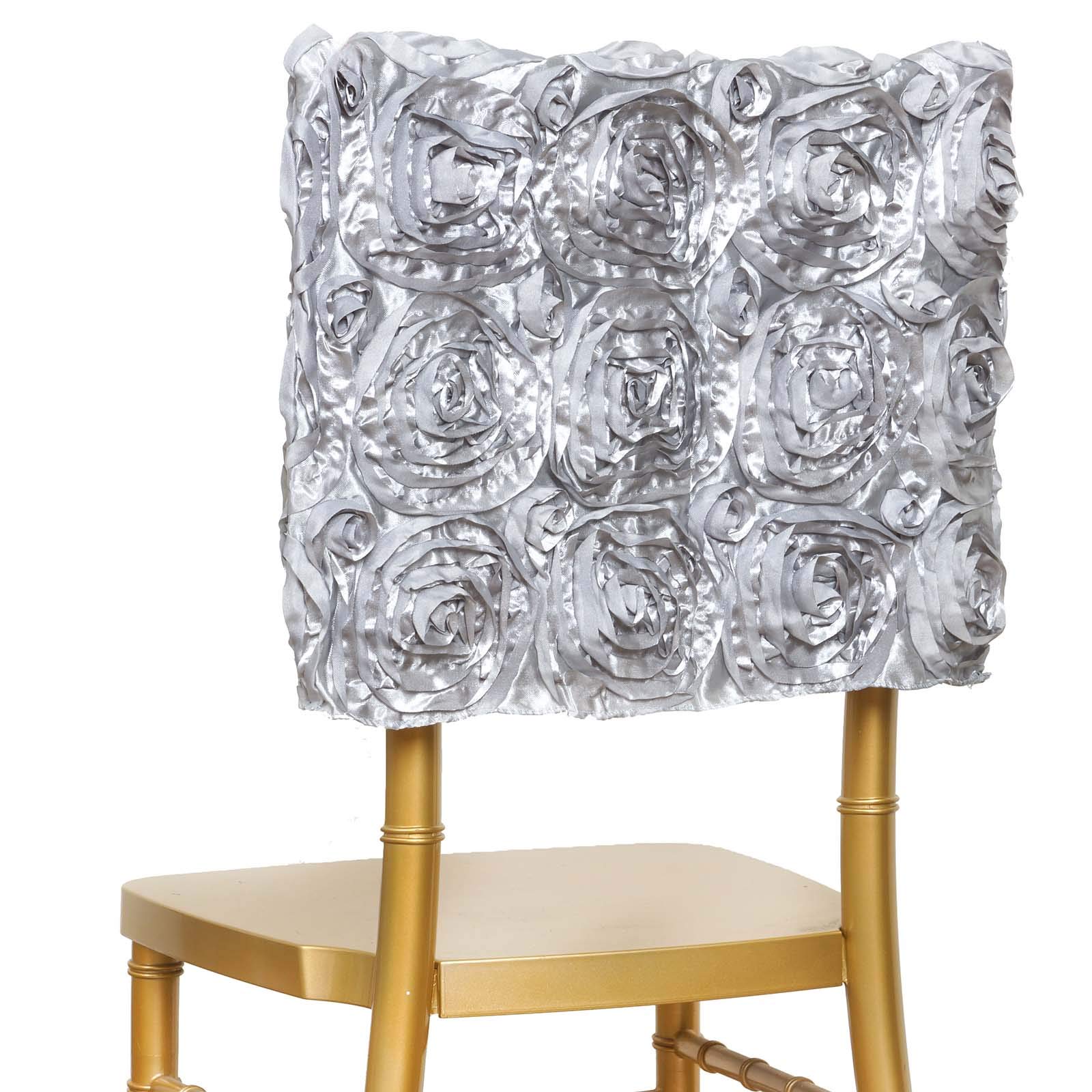 Efavormart 50pcs 3D Rosette Satin Chair Covers - Silver Square Top Chiavari Chair Slipcovers for Wedding, Catering, Party Decorations - Perfect for Banquet Halls, Bridal Showers & Special Events