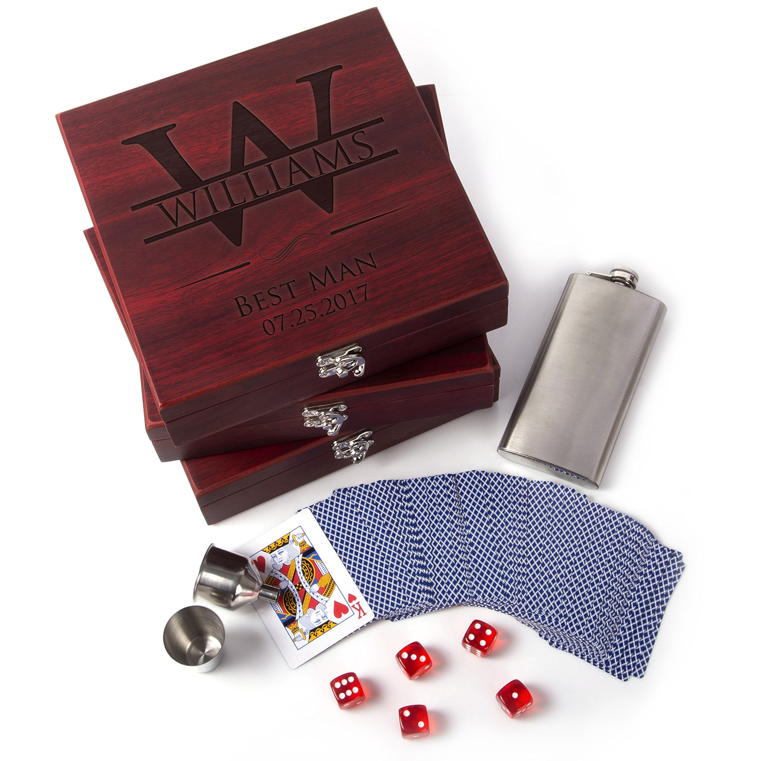 Set of 3 Premium Personalized Groomsmen Gifts - Rosewood Finish Flask Set with Playing Cards & Dice | Custom Wedding Favors for Groomsmen, Best Man & Bridal Party | Perfect for Bachelor Parties, Weddings & Anniversary Gifts