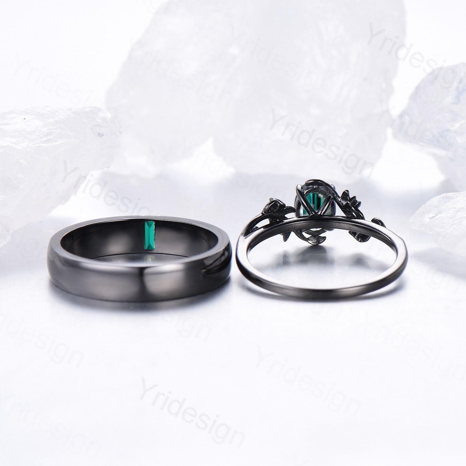 Black Gold Fire Opal Couples Ring Set - His & Hers Wedding Bands, Emerald Bridal Rings for Men & Women - Perfect for Engagement, Promise, Anniversary Gifts - Ideal for Romantic Occasions & Special Celebrations