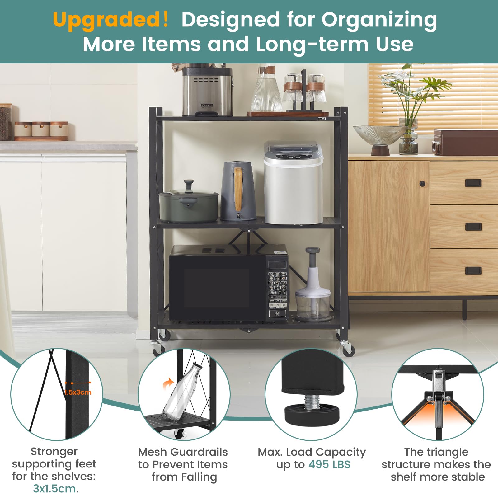 3-Tier Black Metal Storage Shelves with Wheels - No Assembly Bookshelf for Kitchen, Office, Laundry & Garage - Heavy Duty Rolling Utility Rack for Organizing Pantry, Closet, Workshop or Retail Space