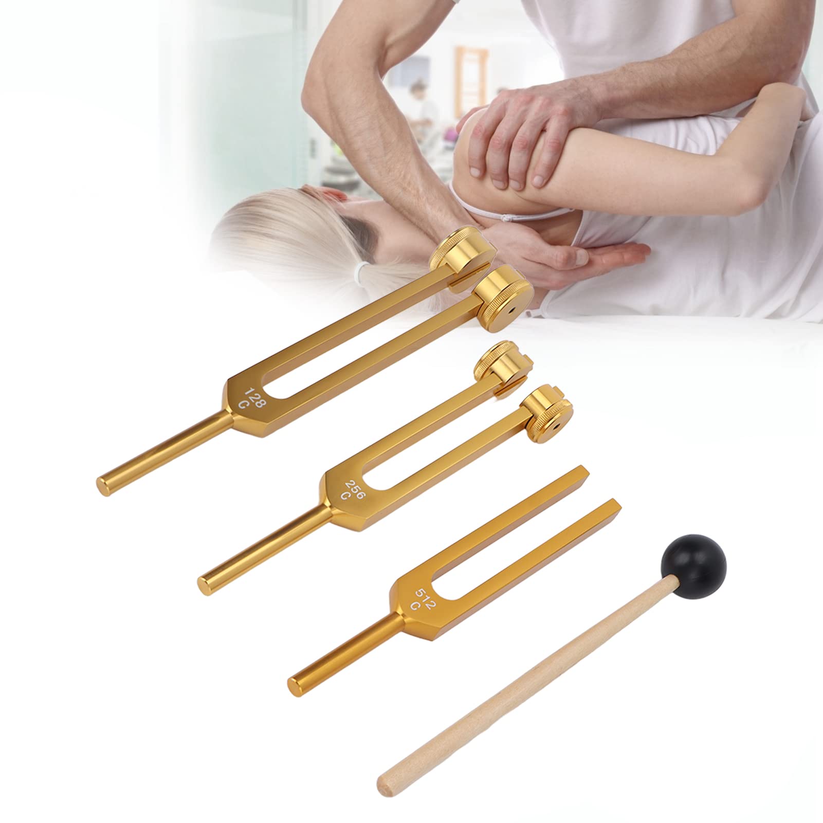 ZJchao 3-Piece Aluminum Alloy Tuning Fork Set (128Hz, 256Hz, 512Hz) with Hammer - Gold Sound Therapy Tools for Music Therapy, Chakra Balancing & Vibrational Healing | Perfect for Home Use, Clinical Sessions & Meditation Practices
