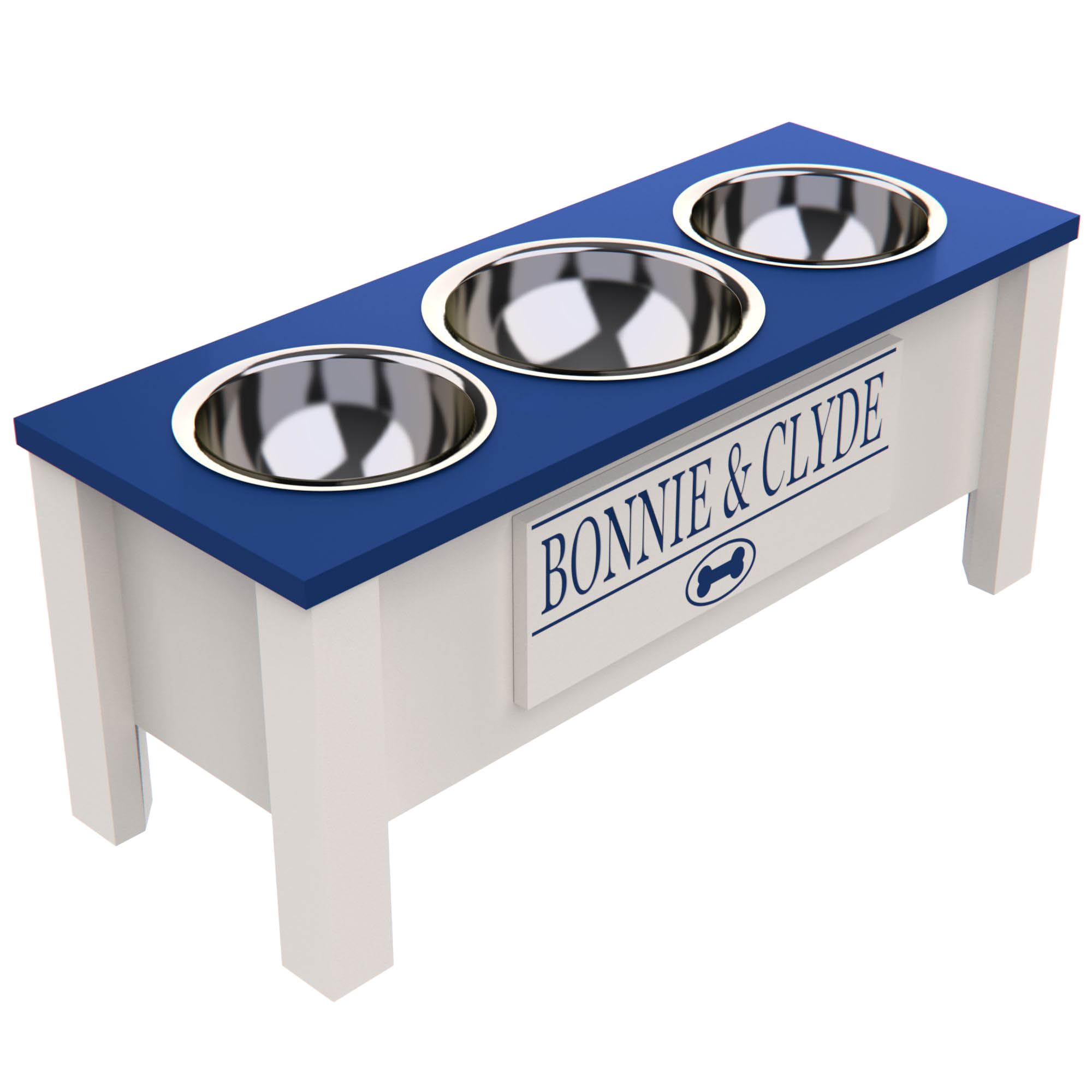 Personalized Elevated Triple Dog Bowl Stand for Large, Medium, Small & X-Small Dogs - 3 Stainless Steel Food & Water Bowls with Internal Storage (Large, Blue) - Perfect for Feeding Multiple Pets & Space-Saving Kitchen Organization