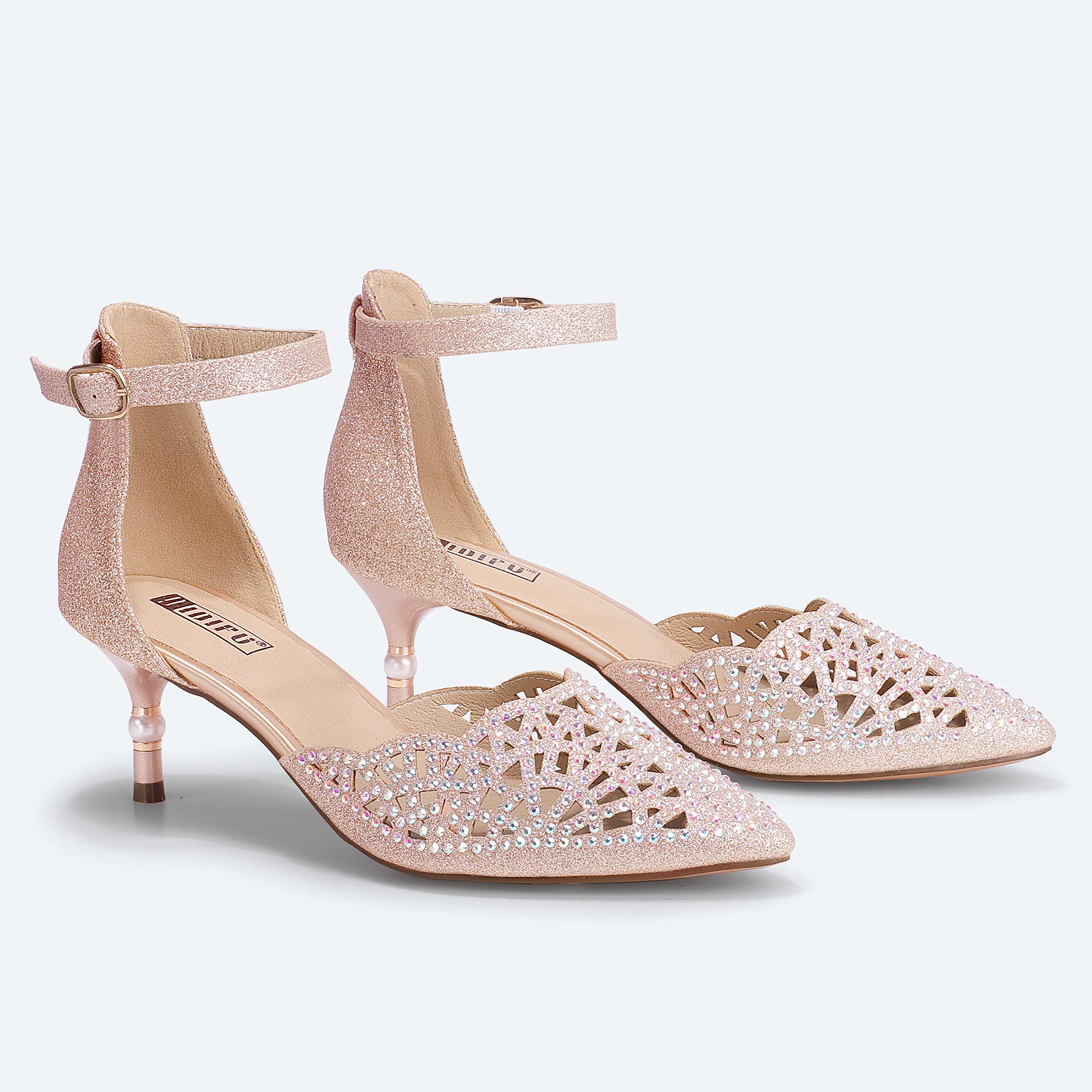IDIFU Women's Rhinestone Sequins Kitten Heel Pumps - Elegant Wedding Shoes for Bride, Bridesmaid & Evening Party | Comfortable Low Heel Dress Shoes for Prom, Cocktail, Formal Occasions
