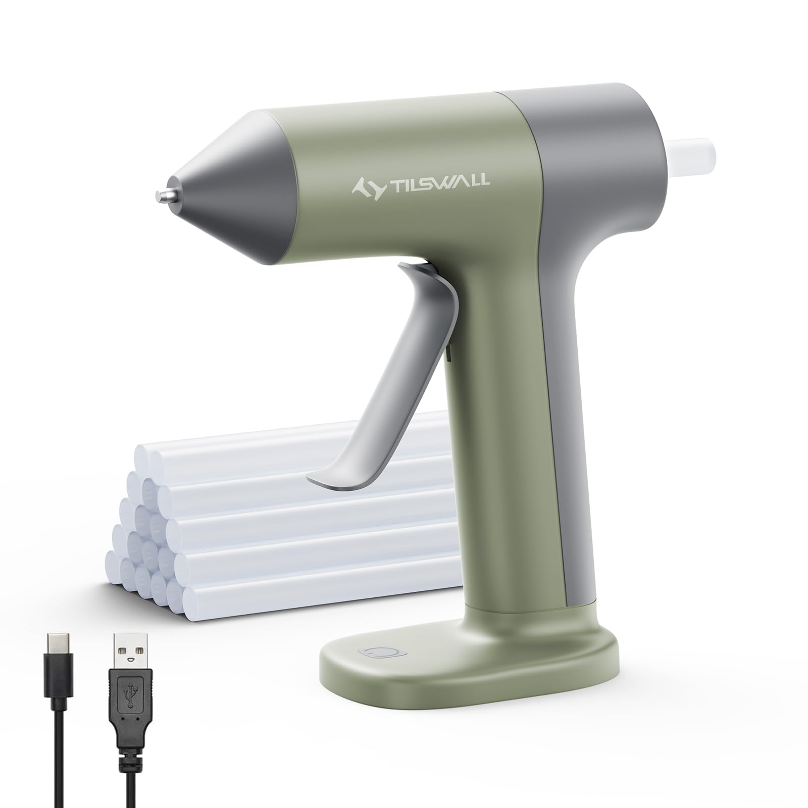 Tilswall 4V Cordless Hot Glue Gun with Fast 30-Second Preheat, 2000mAh USB-C Rechargeable Battery, 20 Glue Sticks Included, Anti-Drip Nozzle & Auto Shut-Off - Mini Craft Glue Gun for DIY Projects, Home Repairs, Scrapbooking & School Crafts (Olive Green)