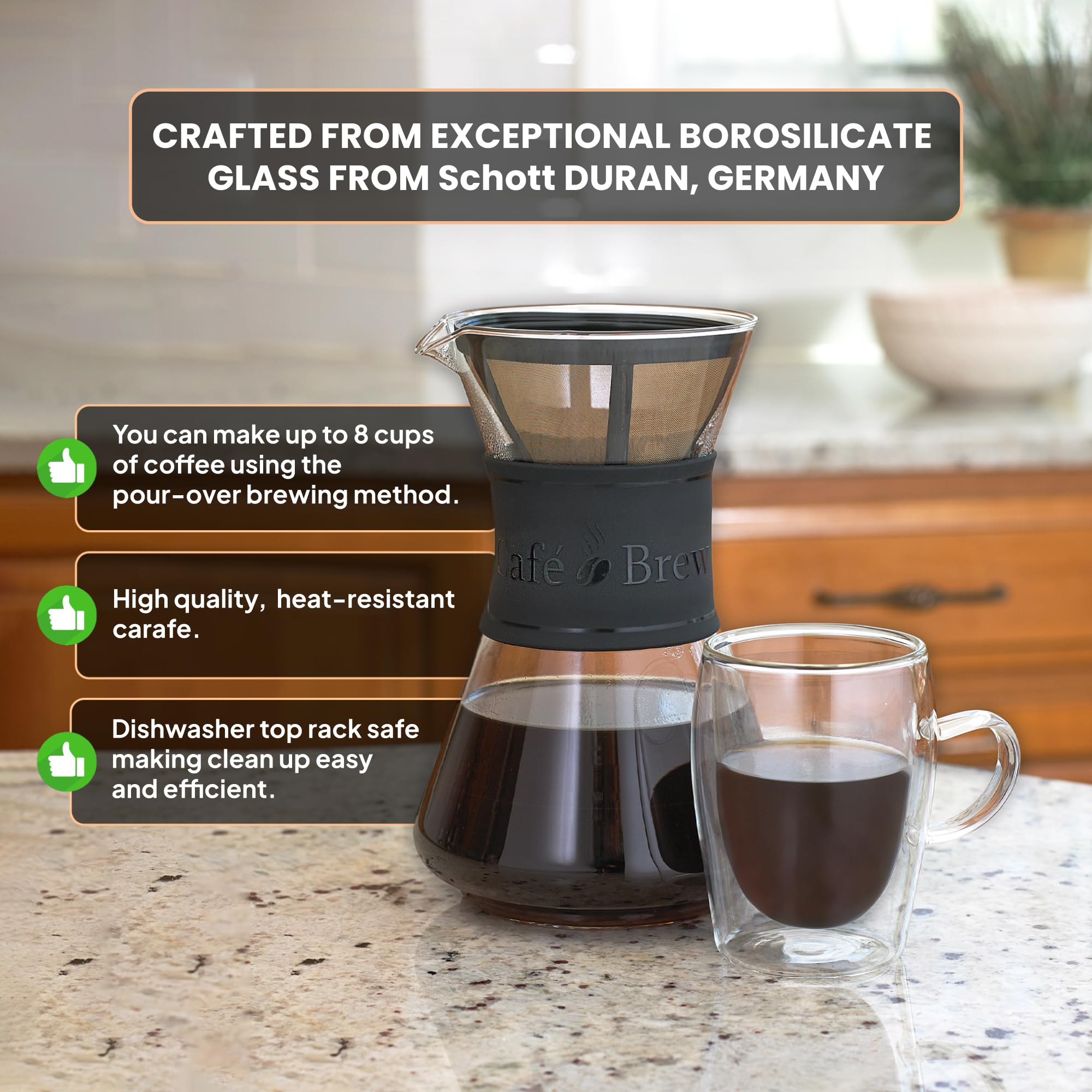 Premium Pour Over Coffee Maker Set - 40oz Borosilicate Glass Carafe with Wood Drip Stand - BPA Free & Dishwasher Safe - Perfect for Home, Office & Camping Coffee Brewing