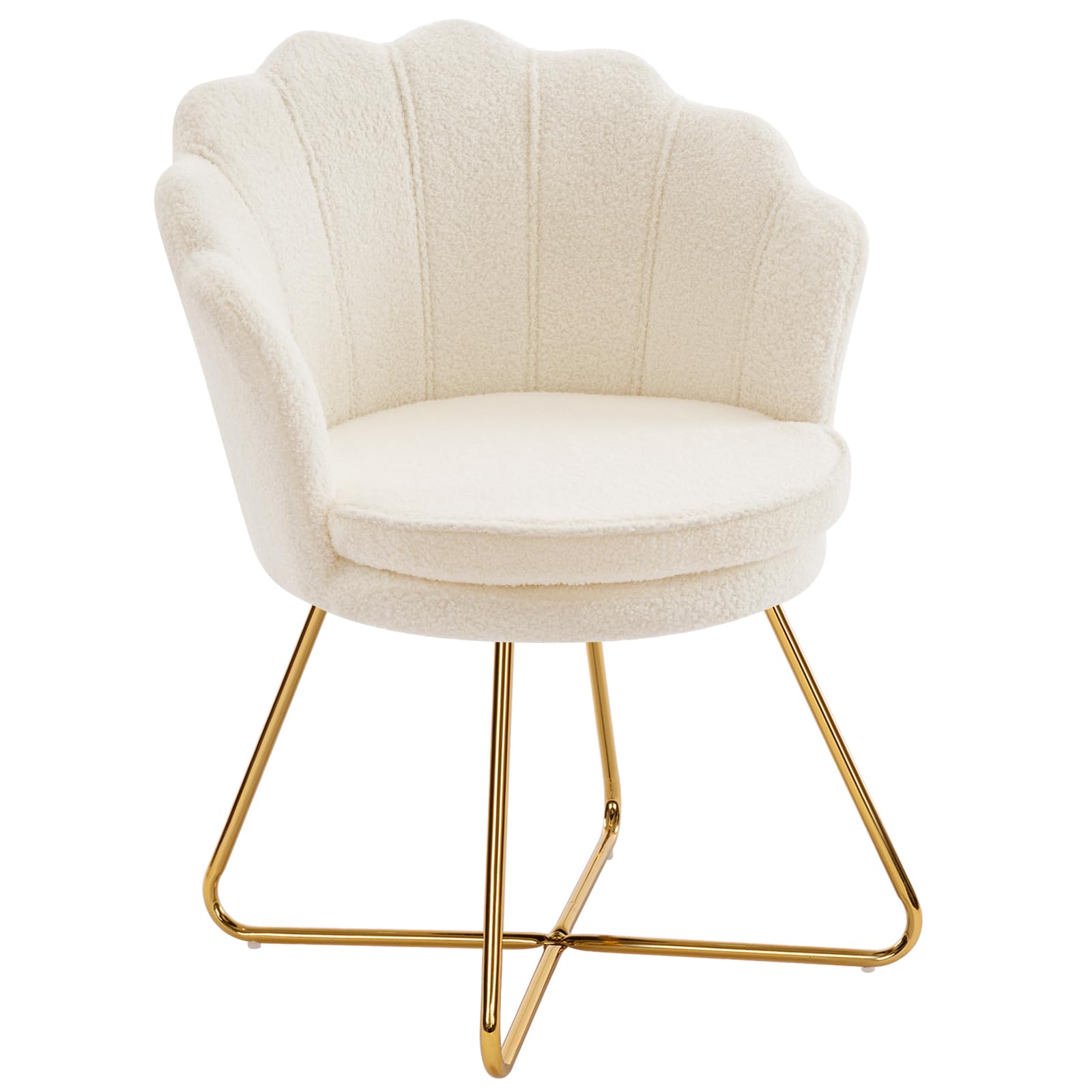 Furnimart Vanity Chair with Back - Elegant Shell Accent Chair for Living Room & Bedroom, Criss Cross Design with Gold Legs, Makeup Desk Chair Without Wheels in Soft Faux Fur White | Perfect for Dressing Tables, Bedroom Seating & Home Decor