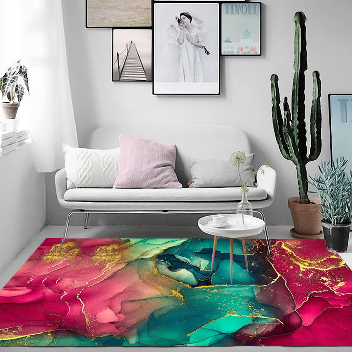Burgundy Gold Green Marble Abstract Modern Washable Area Rug 6x8 - Chic Rustic Living Room Rug, Bedroom Carpet, Dining Room Floor Mat, Farmhouse Home Office Decor - Indoor/Outdoor Runner for Cozy Spaces