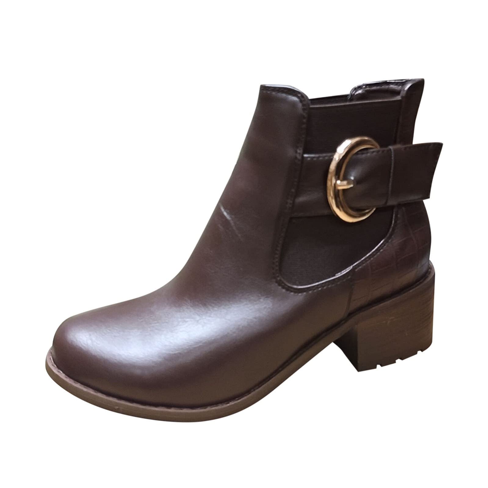 Women's Leather Ankle Boots with Solid Heel & Belt Buckle - Fashion Low Heel Boots for Women (Brown, Size 8) | Perfect for Office, Casual Outfits & Fall/Winter Style