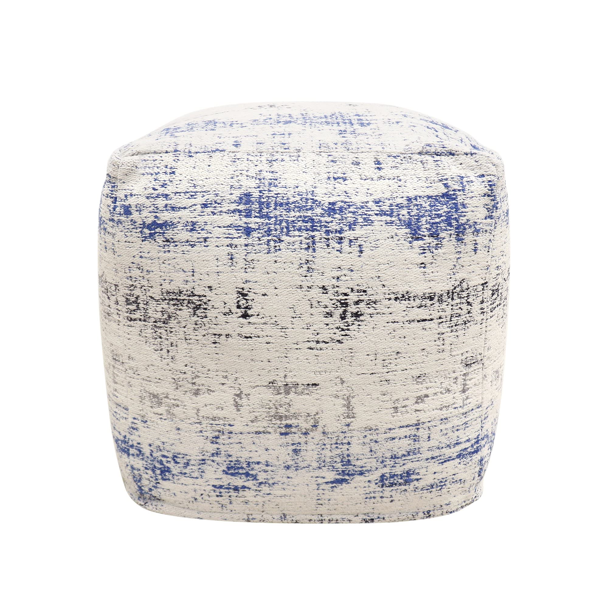 Pasargad Home Grand Canyon Distressed Cotton Pouf - Jacquard Woven Square Ottoman with Polly Beads Filling - 20x20x20 Inch Ivory/Blue Footrest & Lounge Seat - Luxury Living Room Decor for Sofa, Bedroom & Reading Nook