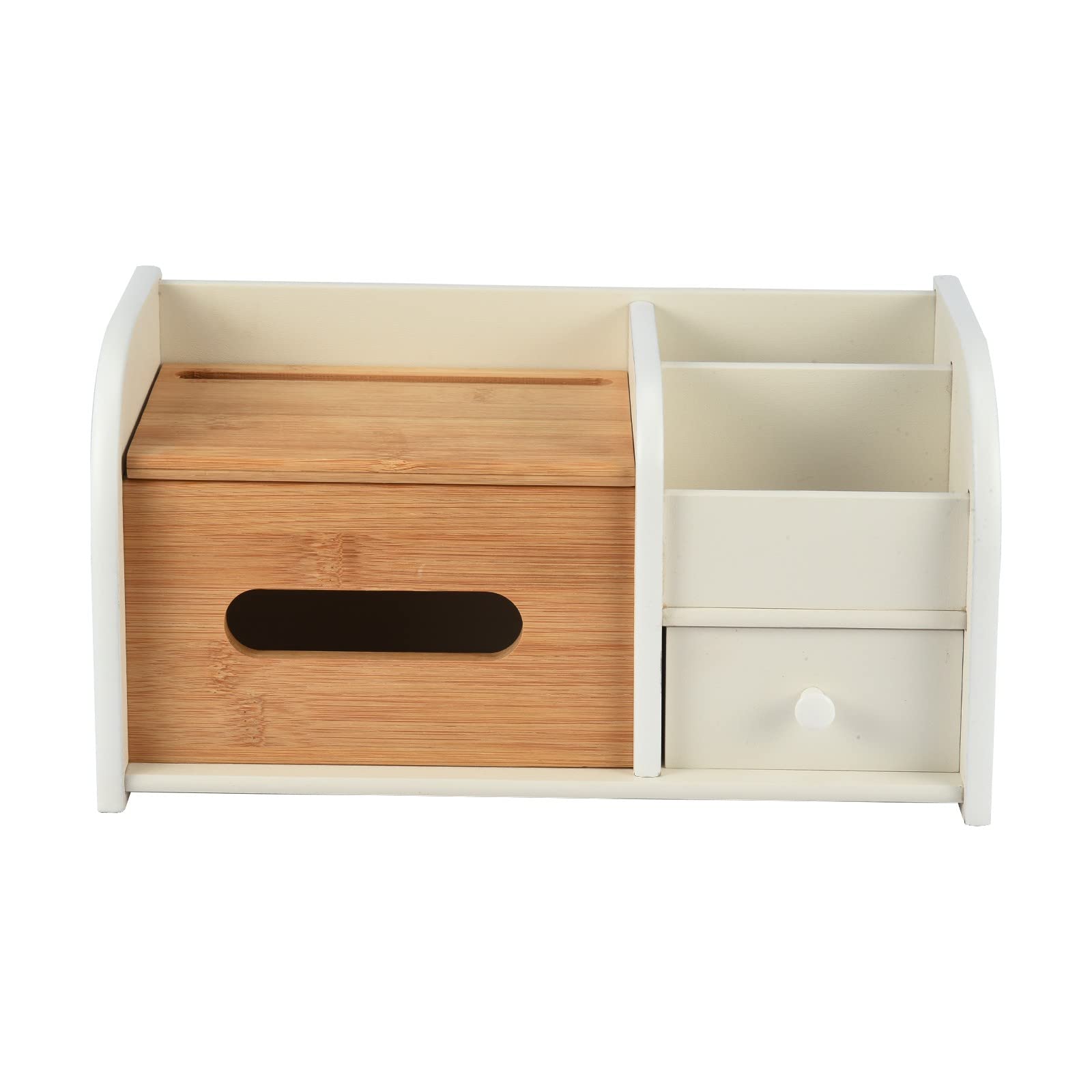 Wooden Desktop Organizer with Plastic Drawers & Tissue Box Holder - Bamboo Office Desk Drawer Organizer System with Dividers for Home & Workspaces - Perfect for Office, Study, Craft Room & Dorm Organization (White, 1402)