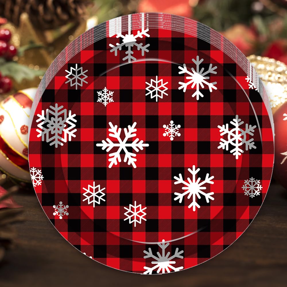 48PCS Christmas Paper Plates - Red & Black Buffalo Plaid Holiday Dinnerware Set (9