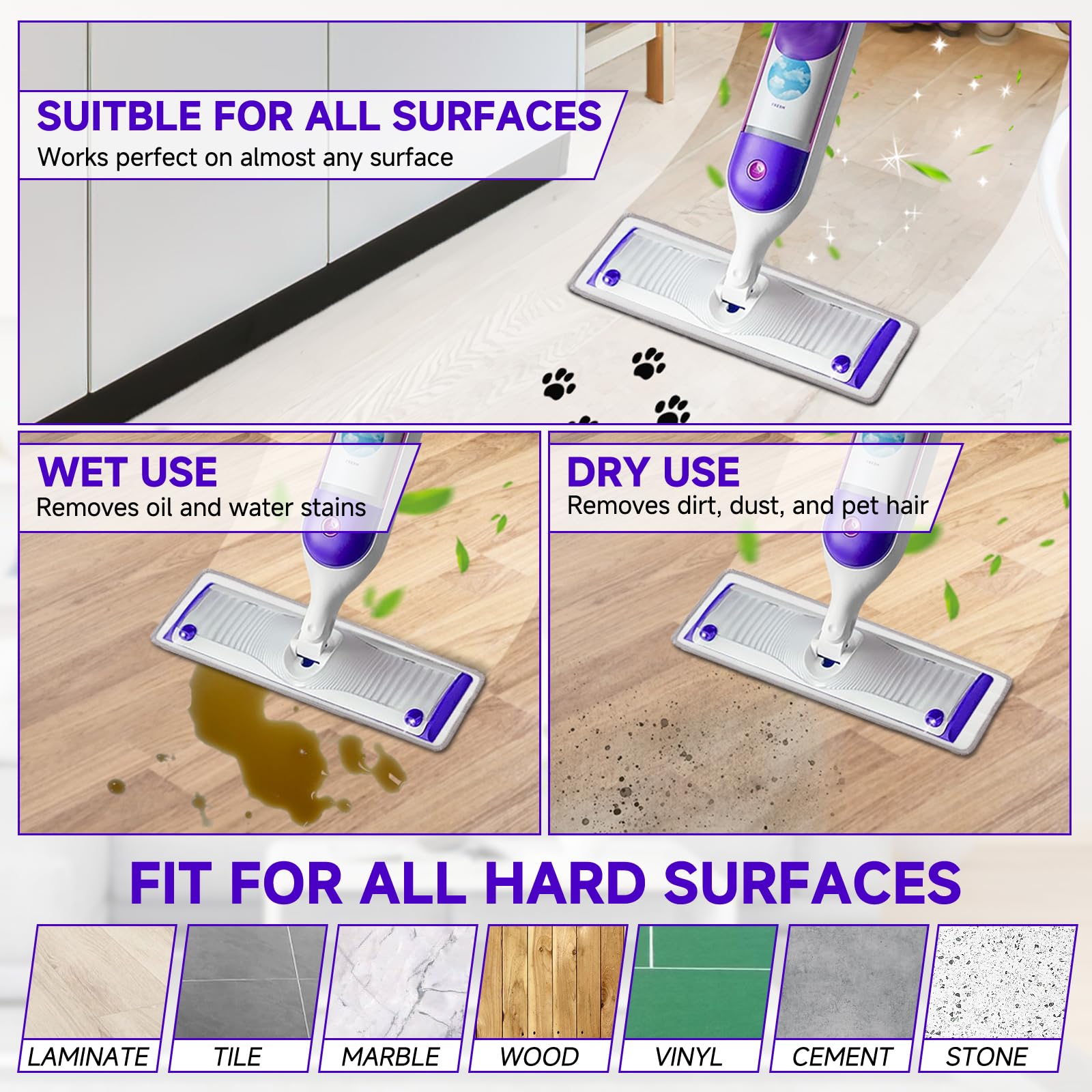 6 Pack Microfiber Mop Pads Refills for Swiffer Power Mop - 13'' to 15'' Washable Floor Cleaning Pads for Hardwood & Tile Floors - Perfect for Kitchen, Bathroom & Pet Hair Removal