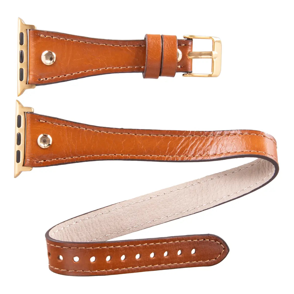 Burnished Tan Leather Double Tour Slim Apple Watch Band with Gold Rivet - Stylish & Durable Replacement Strap for Work, Travel & Everyday Wear