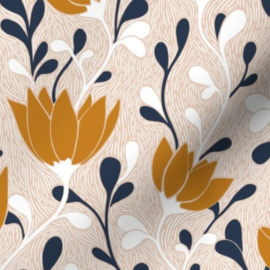 Premium Organic Cotton Sateen Fabric by The Yard - White Floral Navy Mid-Century Modern Print for Sewing, Quilting, Apparel & Home Decor | Perfect for DIY Projects, Curtains, Pillows & Upholstery
